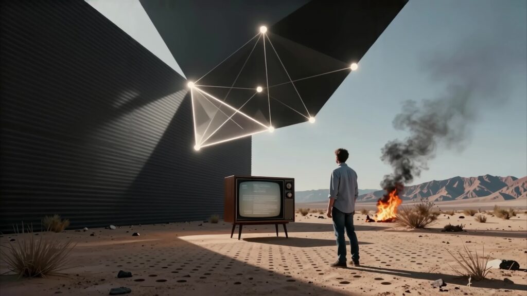 Man Stands Before TV in Desert 4K Video