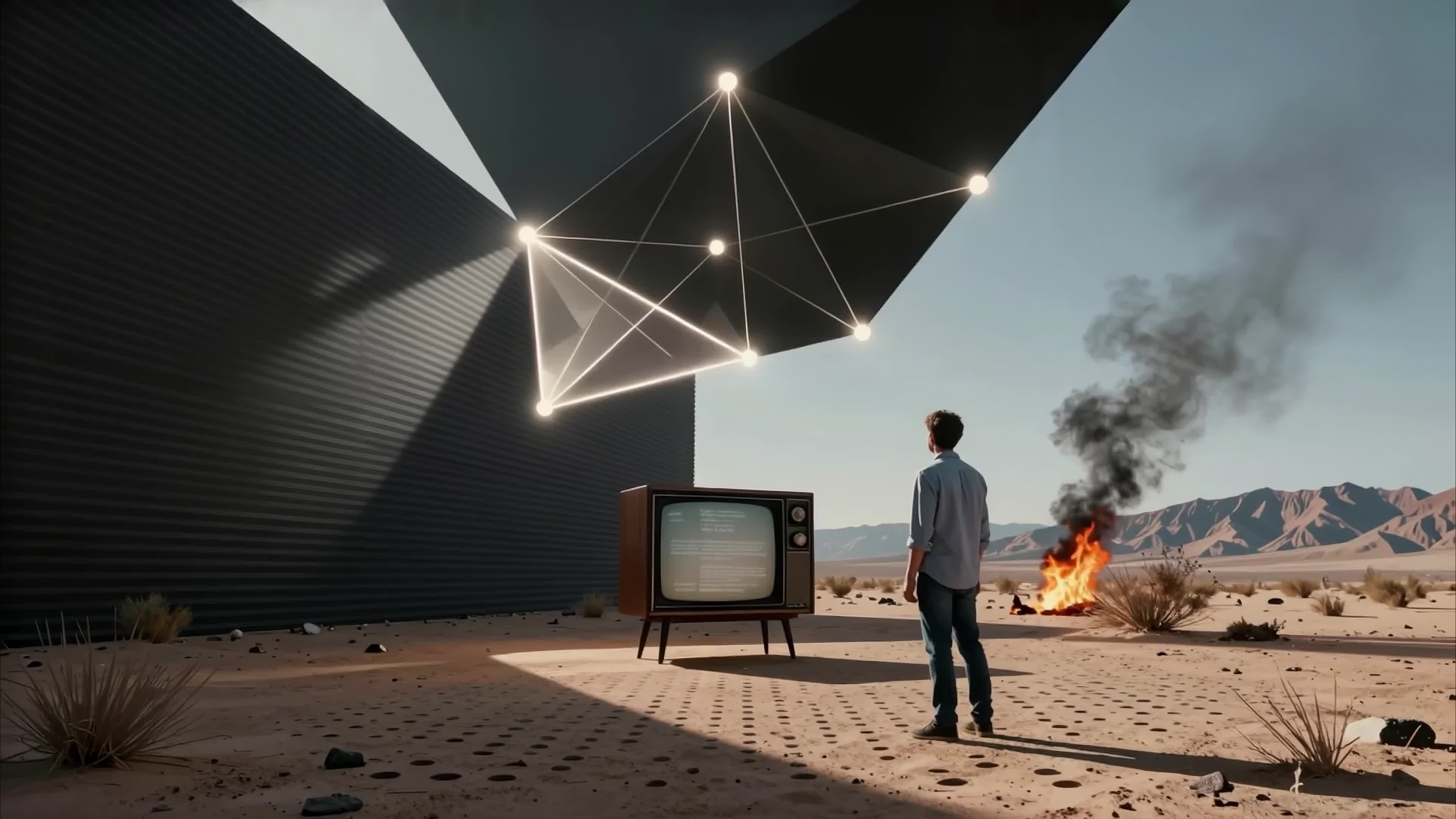 Man stands before futuristic TV and geometry in desert 4K video.