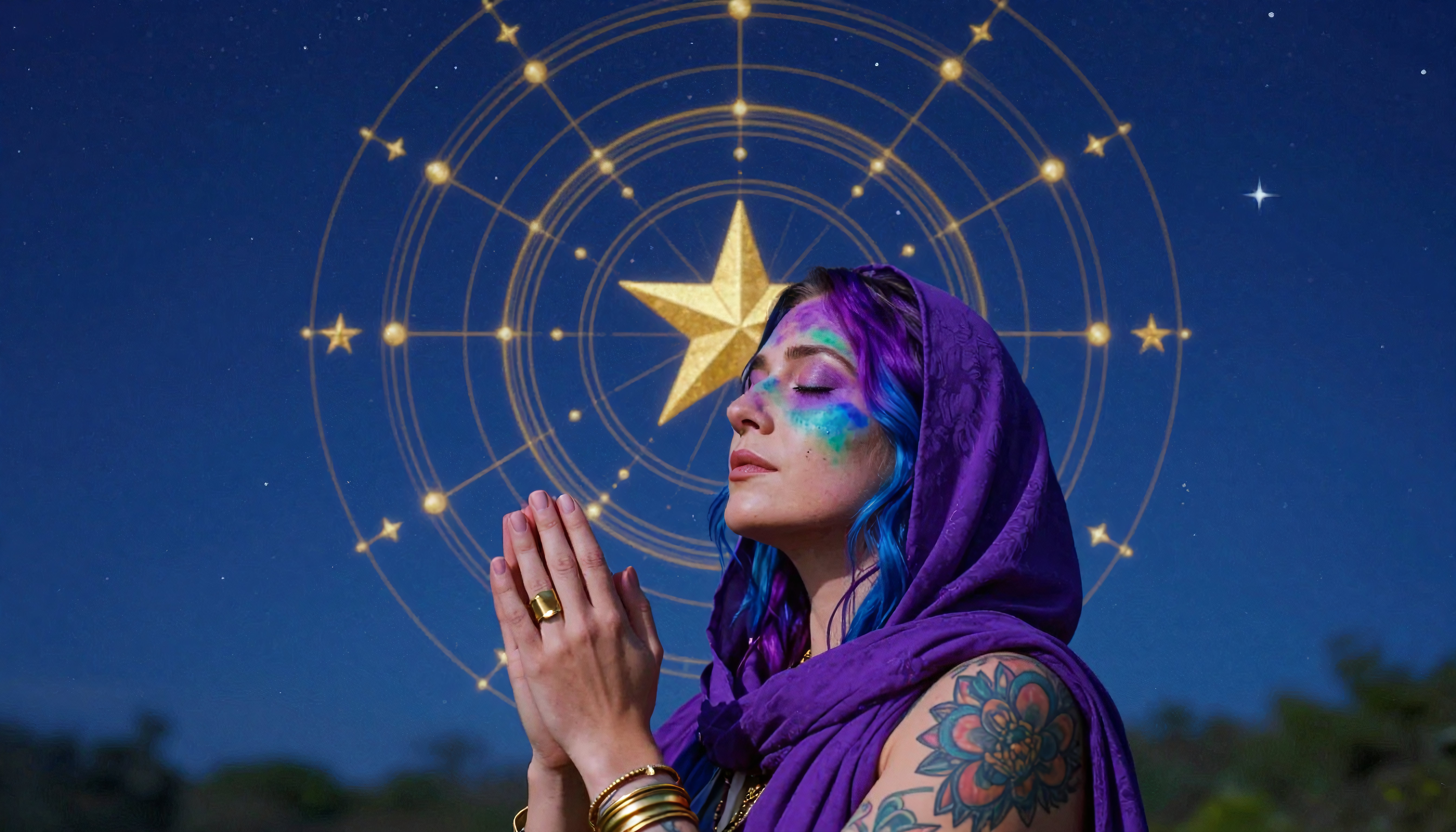 Mystical Woman with Blue Hair Under a Celestial Star Constellation