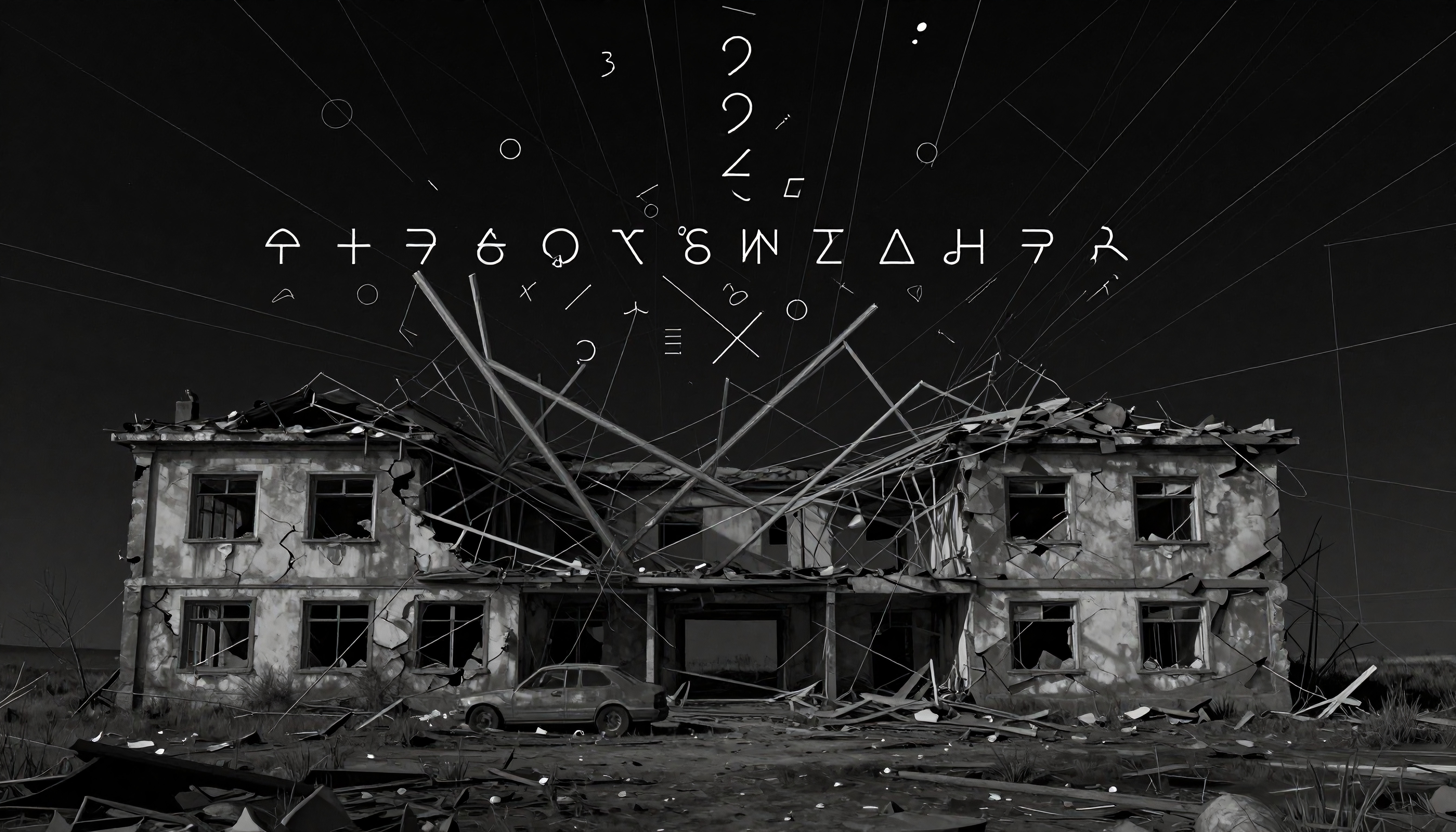 Black and White Photo of Dilapidated Abandoned Building Structure