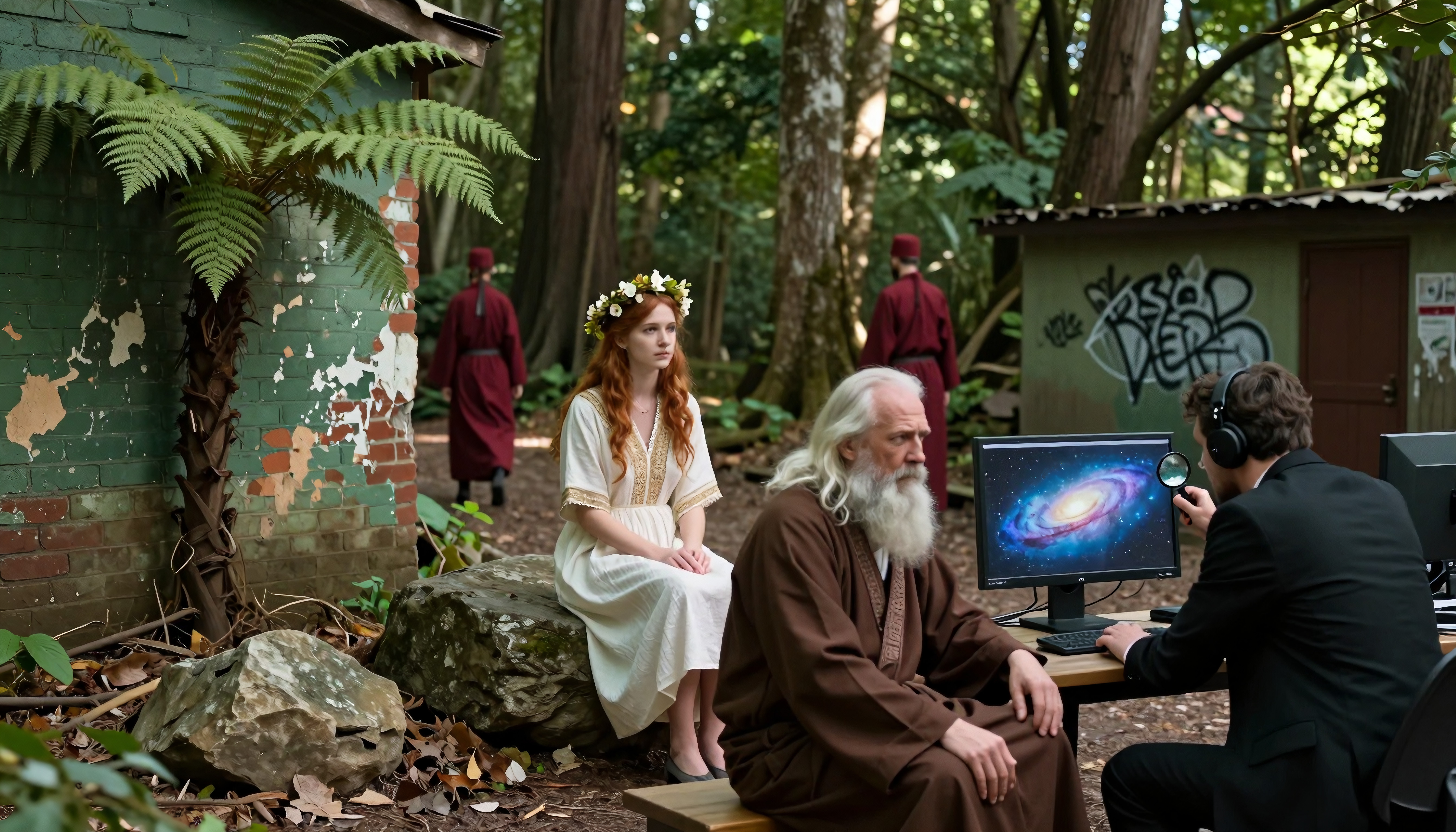 Historical and Modern Figures Interacting in Forested Setting with Digital Elements