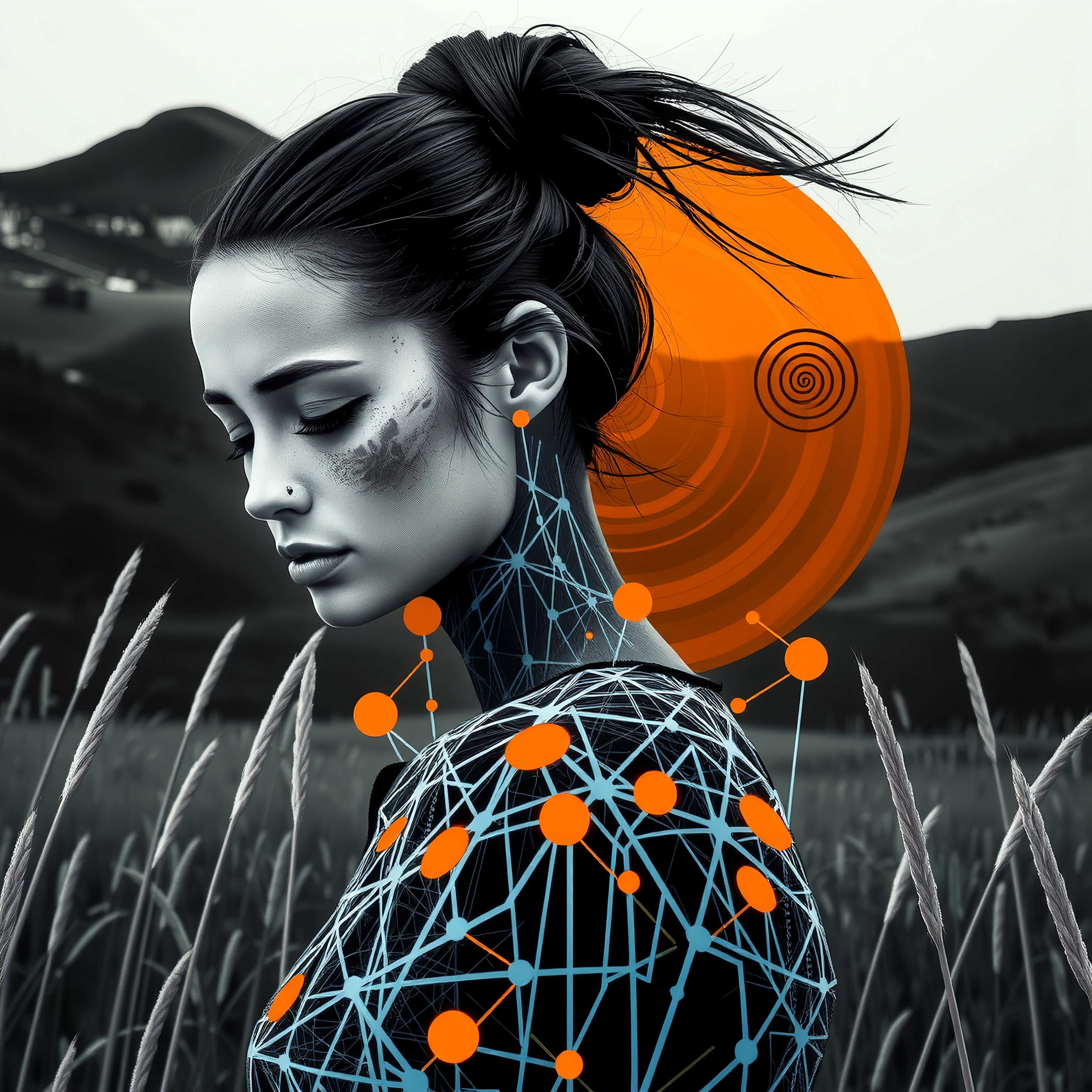 Futuristic Digital Portrait of Woman with Geometric Elements in Nature