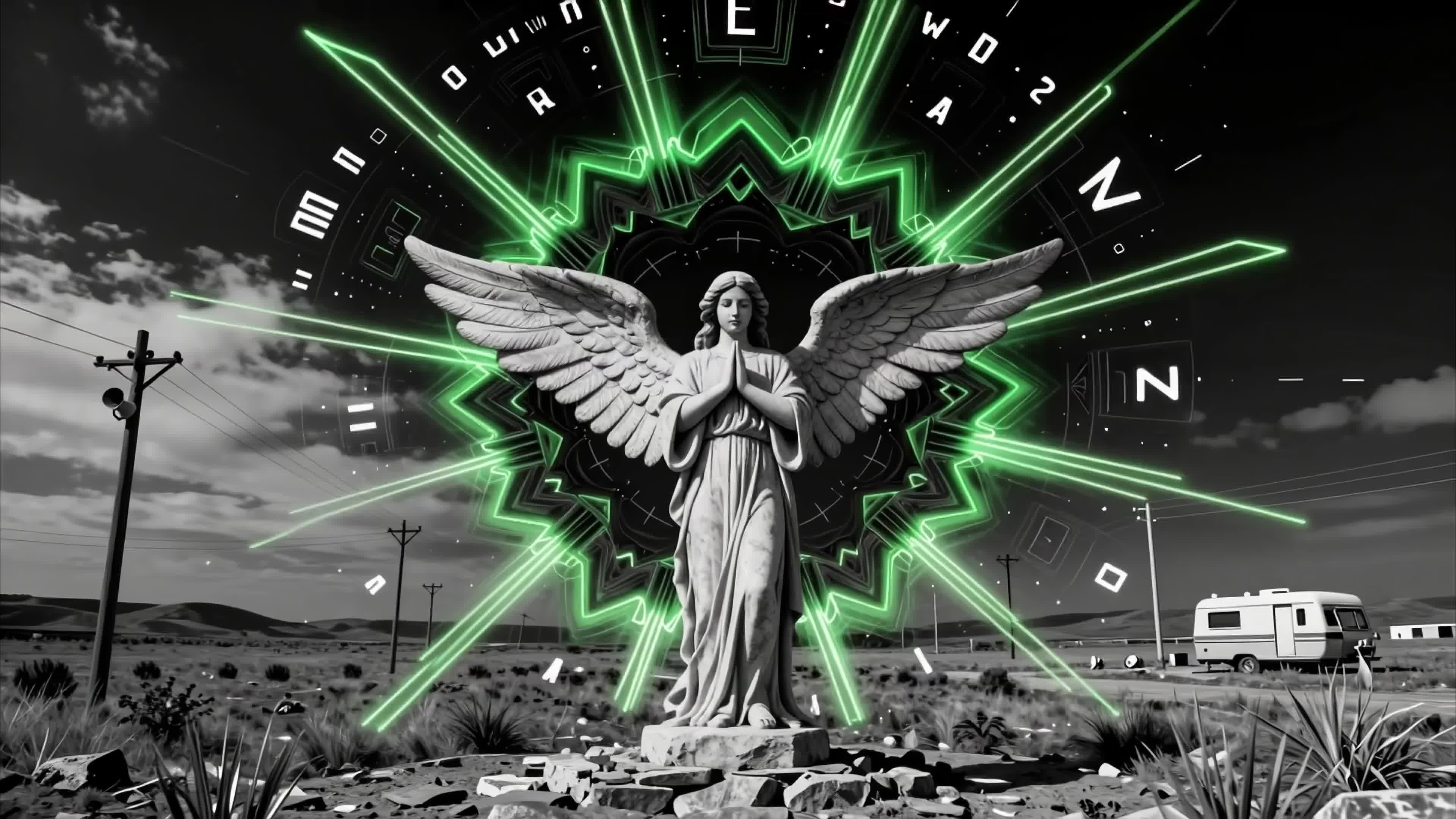 A glowing neon angel statue radiates divine light against a desolate desert backdrop, merging sacred imagery with cyberpunk flair, 4K video.