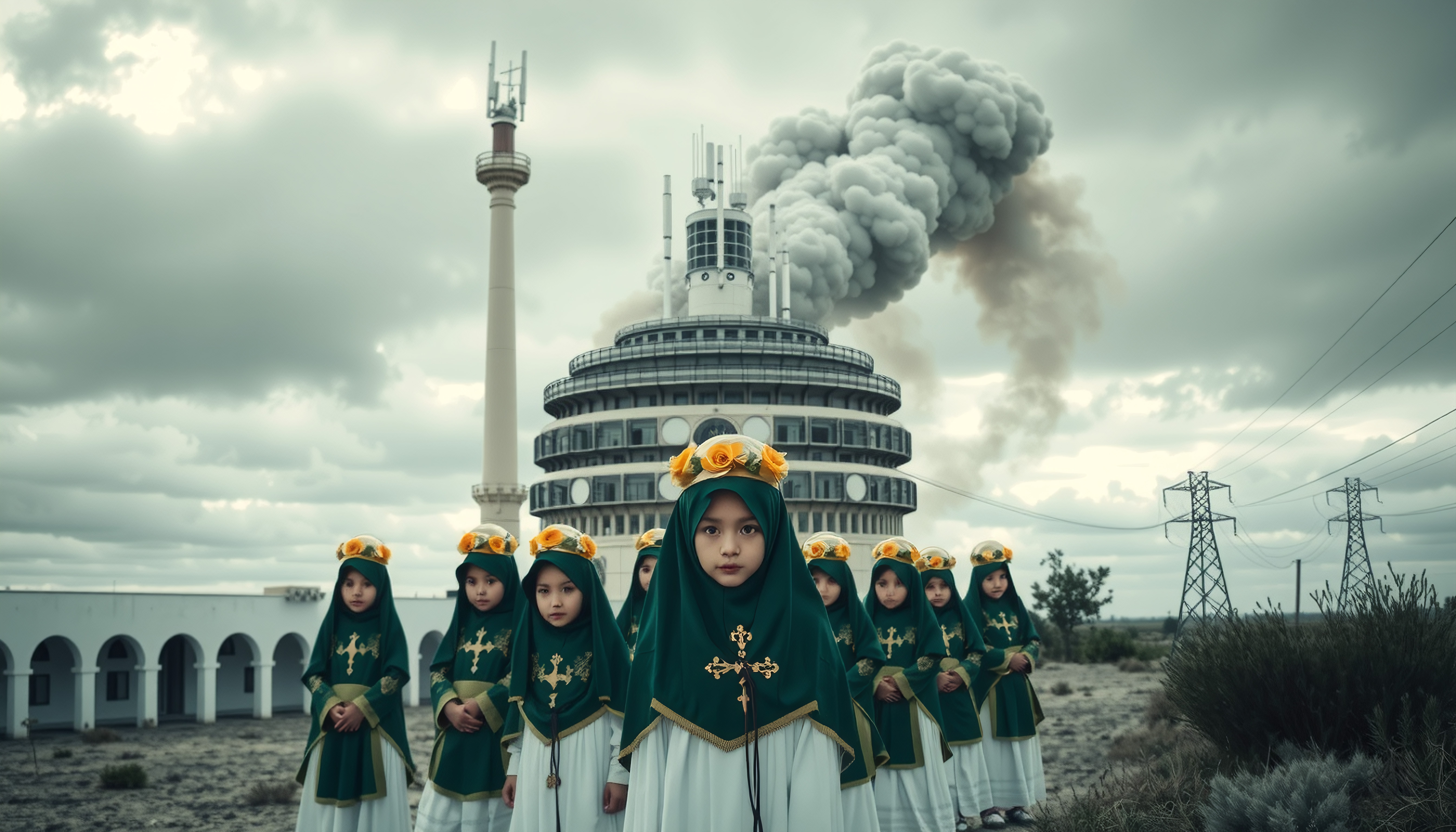 Children in Green Religious Attire Before Nuclear Power Plant with Smoke Plume