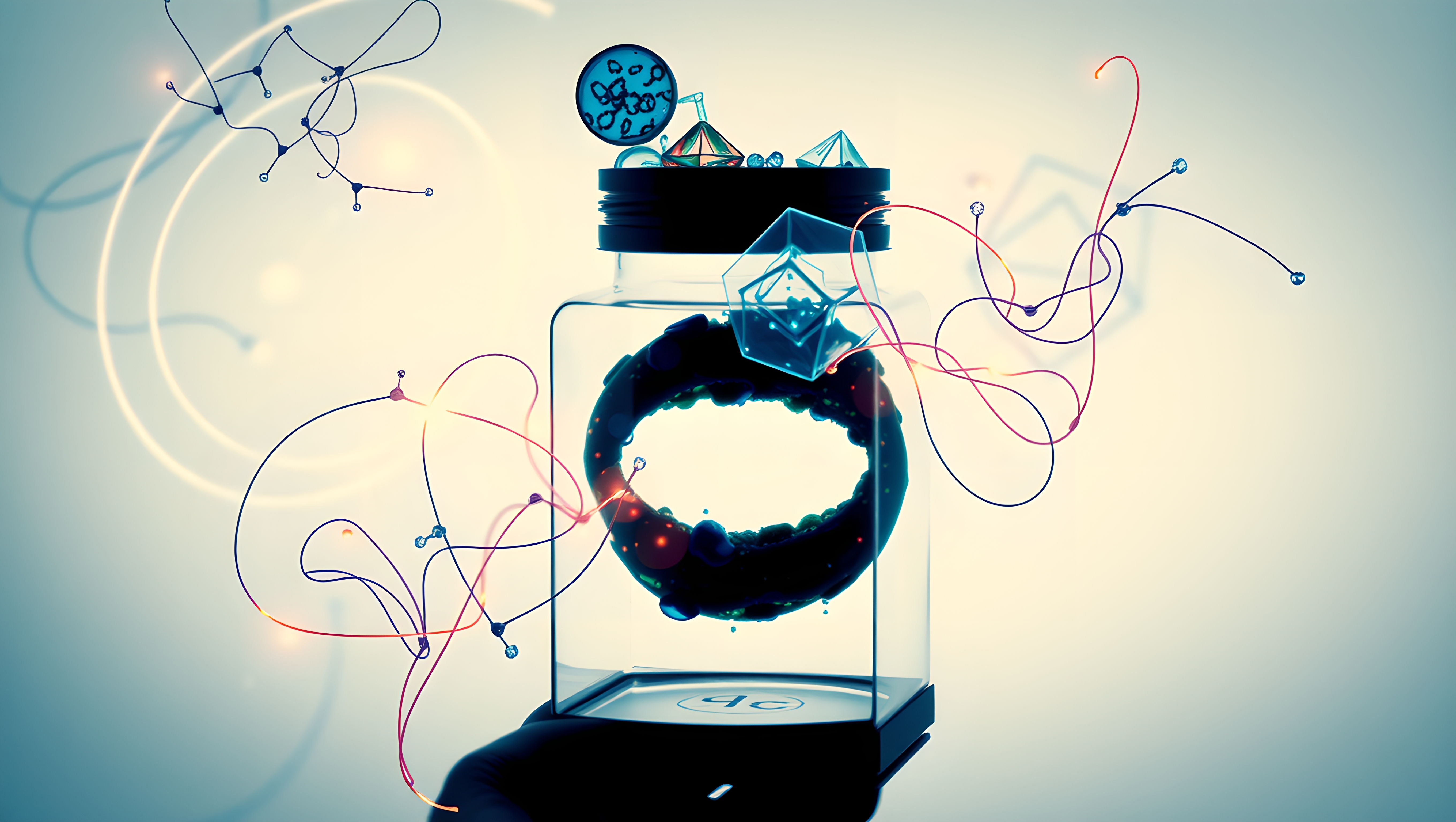 Futuristic Science Jar with Cosmic Elements and Digital Artistry