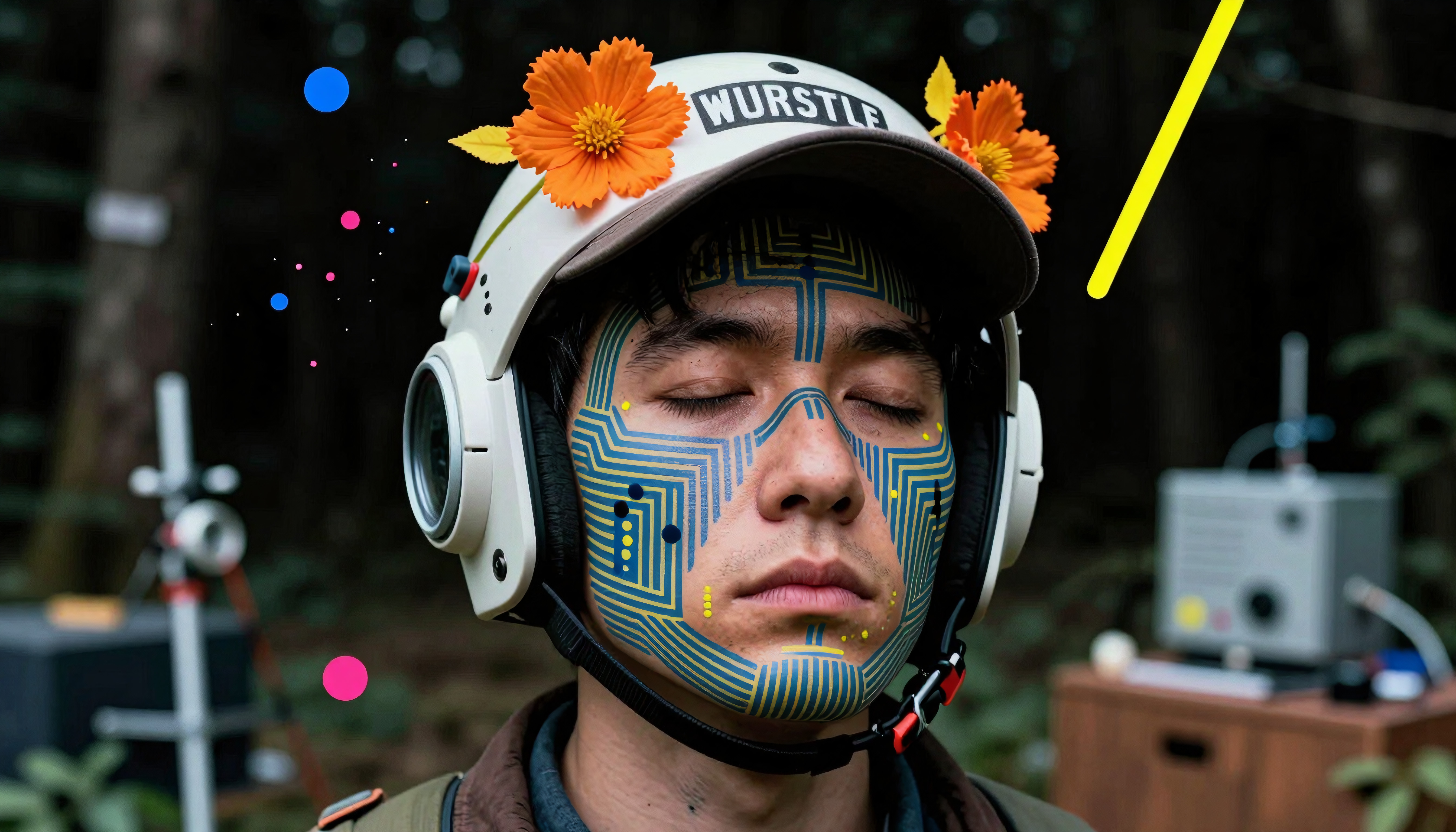 Tech Explorer with Circuit-Patterned Face Paint and Floral Helmet in Forest