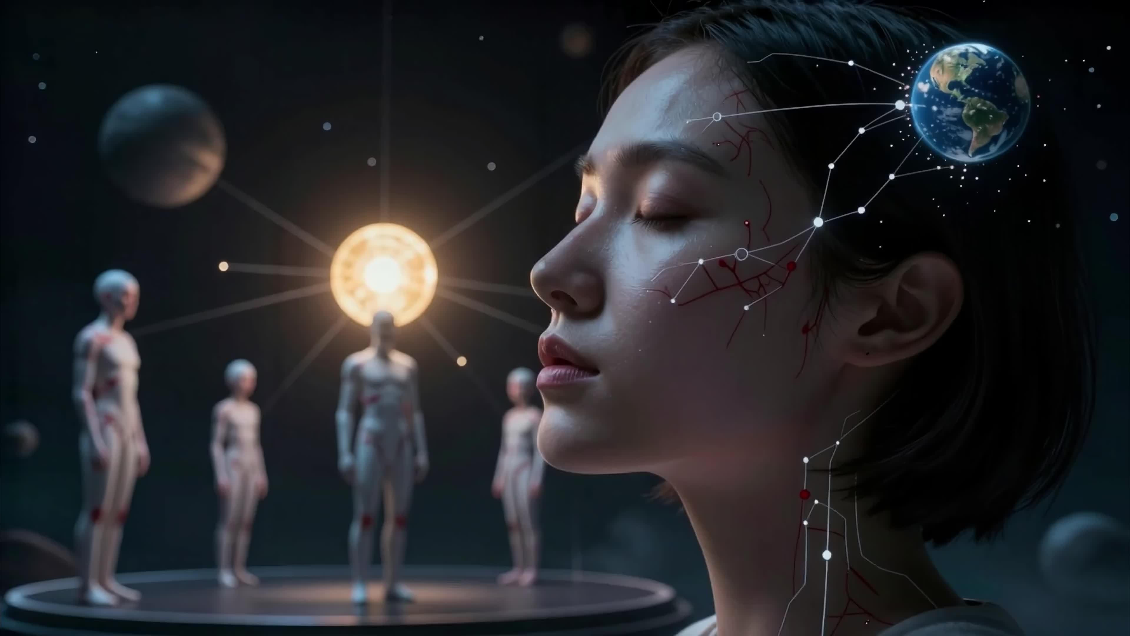 Meditative young woman surrounded by cosmic elements and neural connections, embodying unity of mind and universe, 4K video.