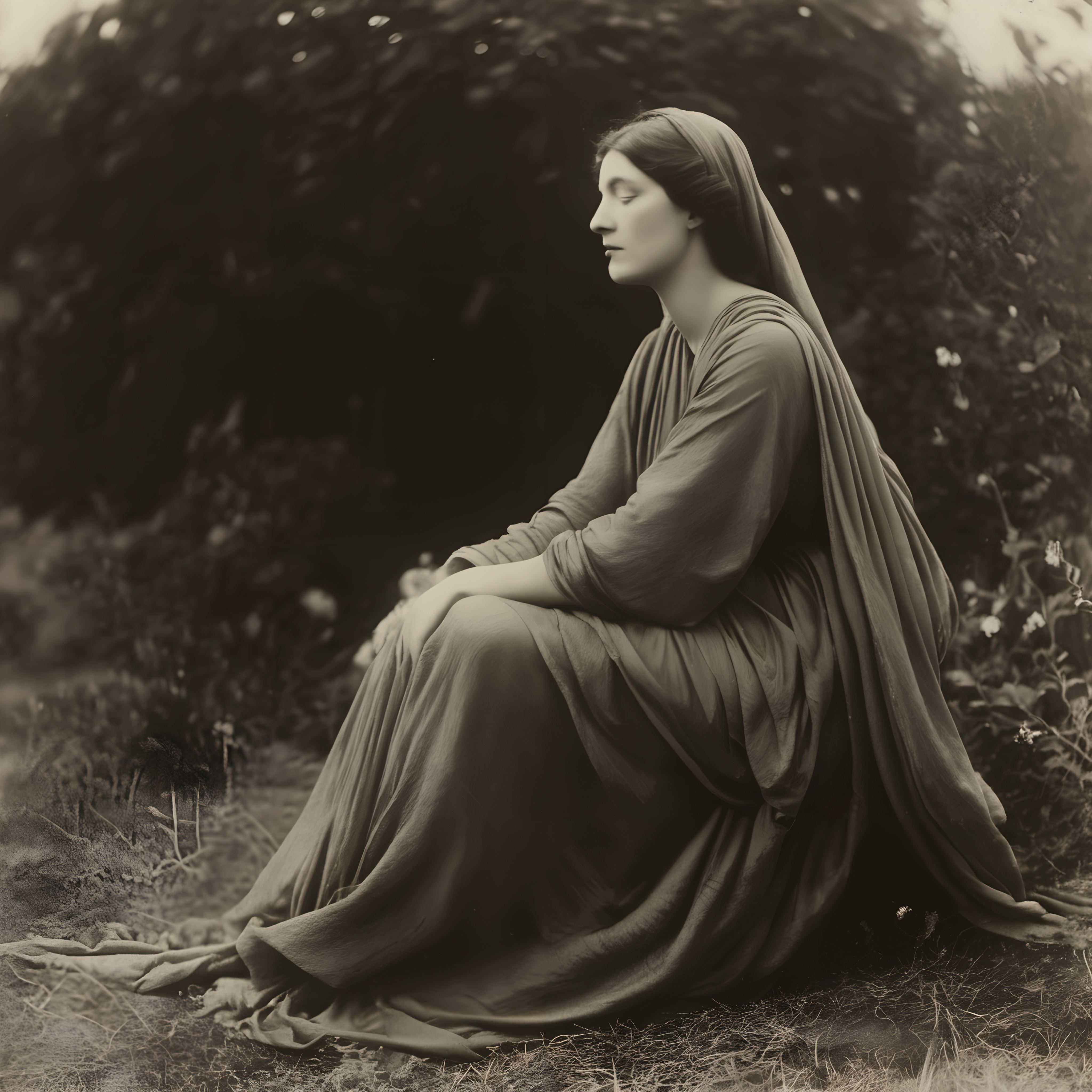 Vintage Portrait of a Woman in Long Dress and Veil Amidst Nature