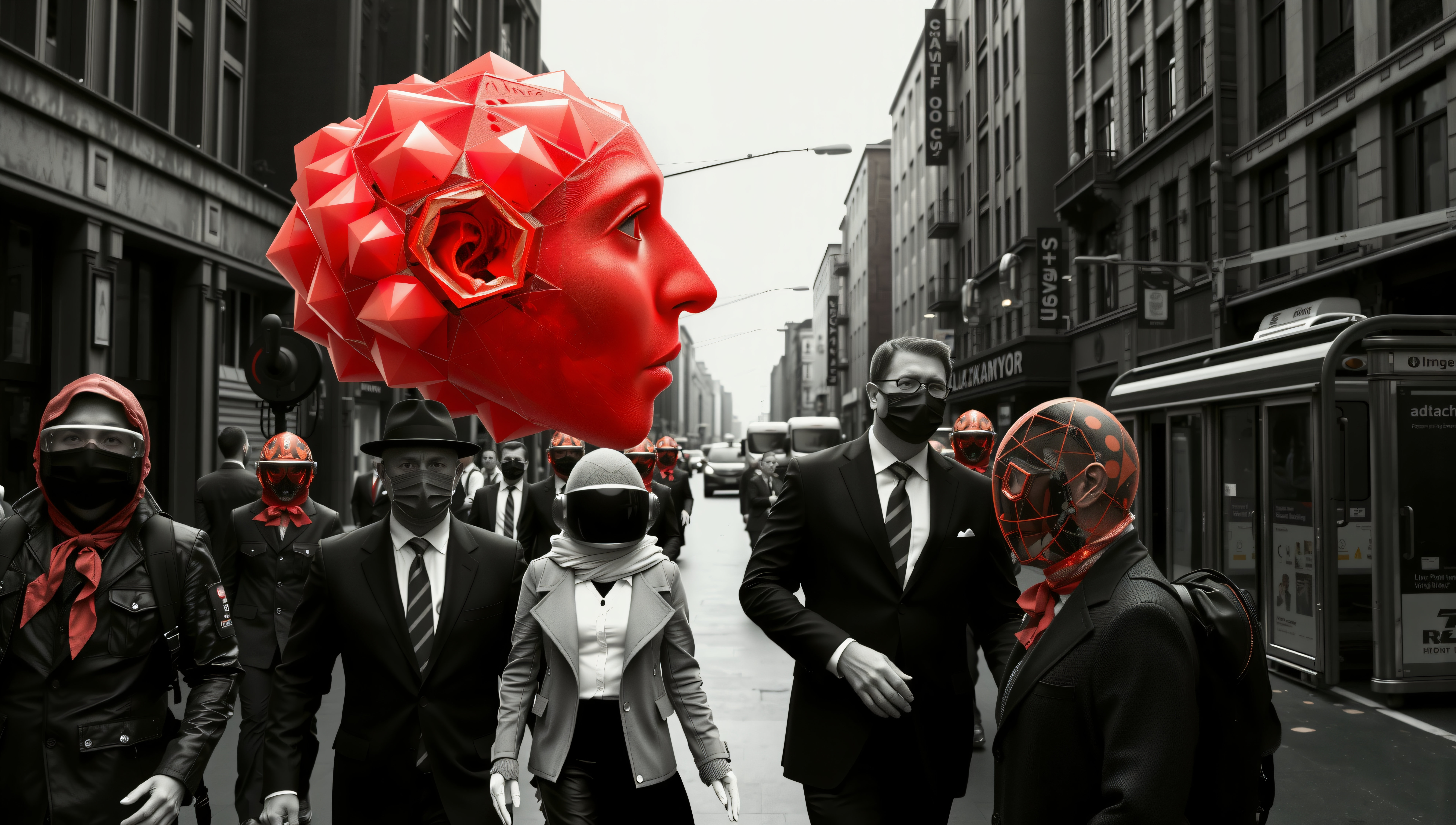 Conceptual Portrait: A Red Geometric Head Emerging from a Street Scene