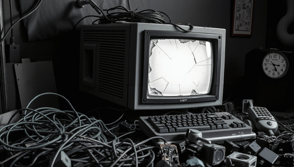 Vintage CRT Monitor with Tangled Electronics