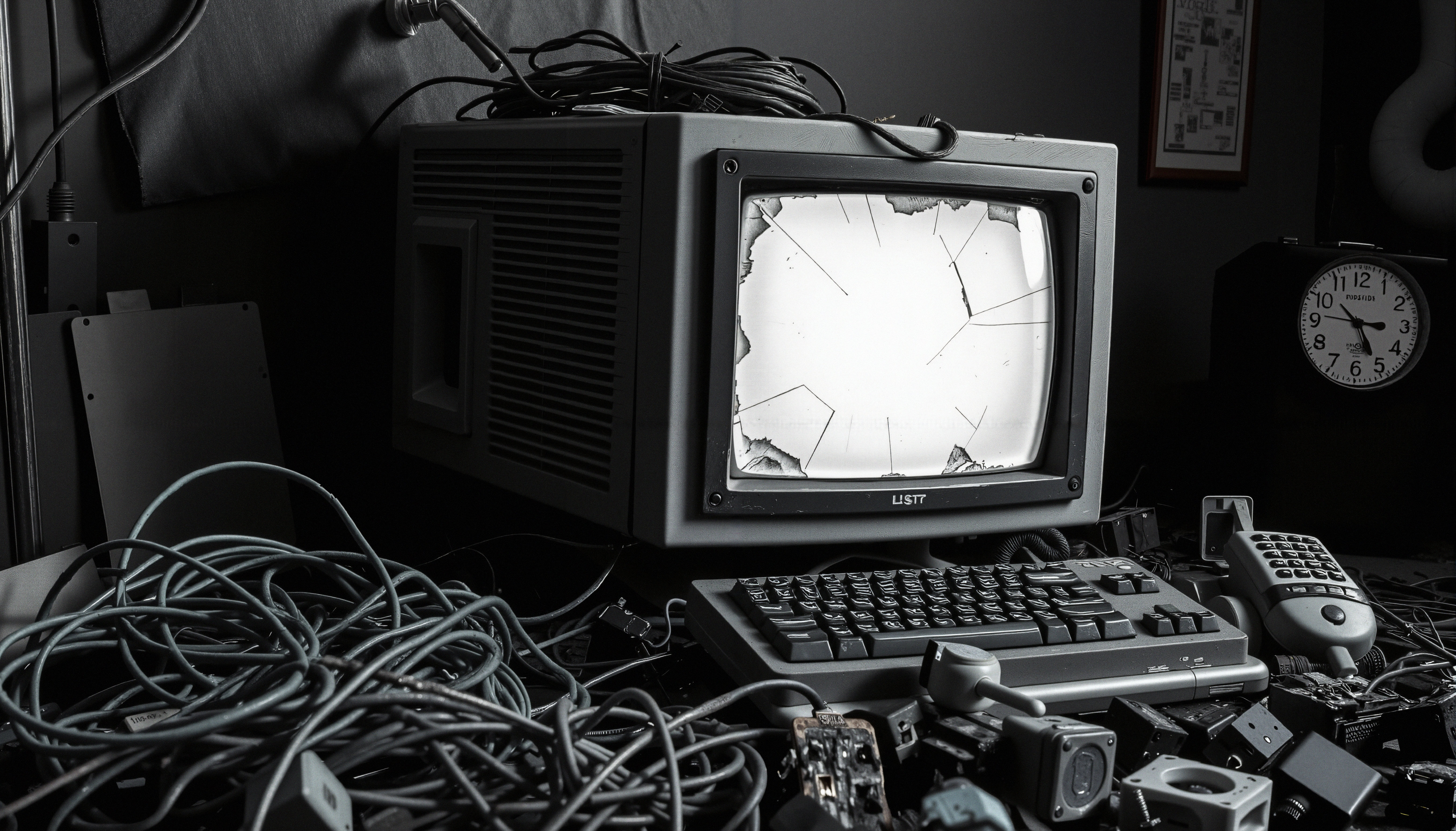 Vintage CRT Monitor with Tangled Electronics