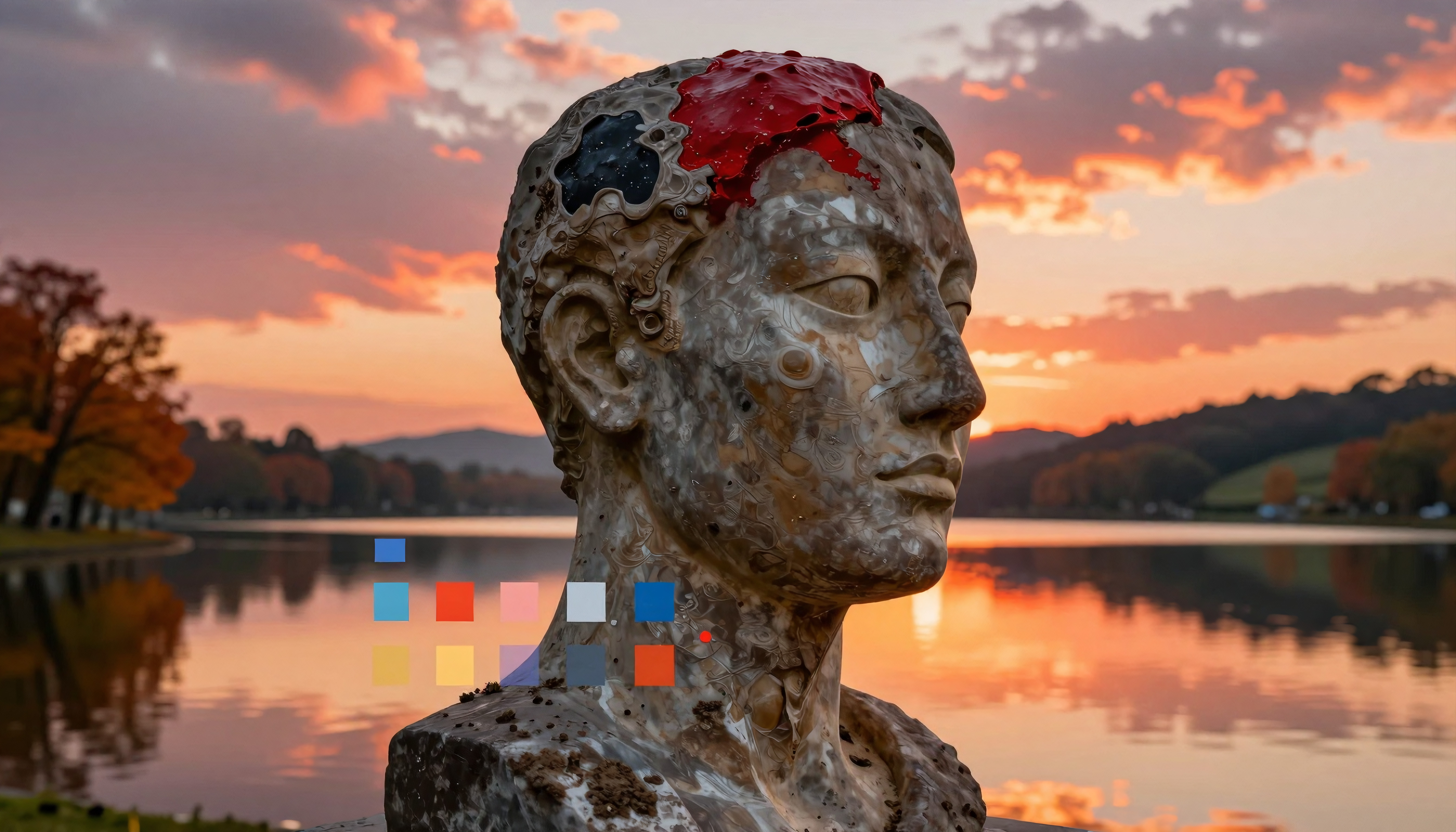 Cybernetic Head Sculpture with Red Element at Sunset Lake