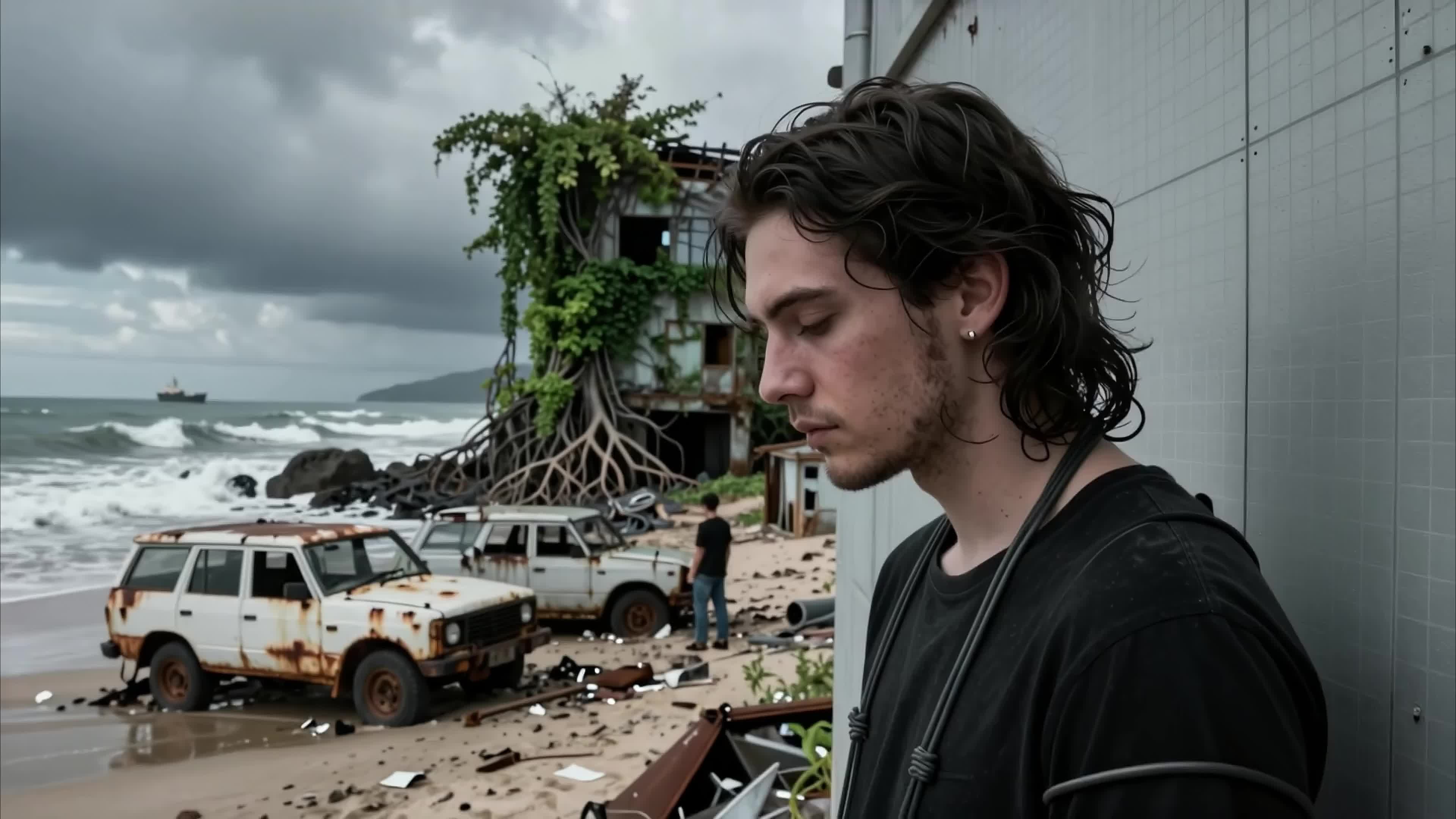 4K video of a solitary man reflecting amid ruined vehicles and wild coastlines under stormy skies.