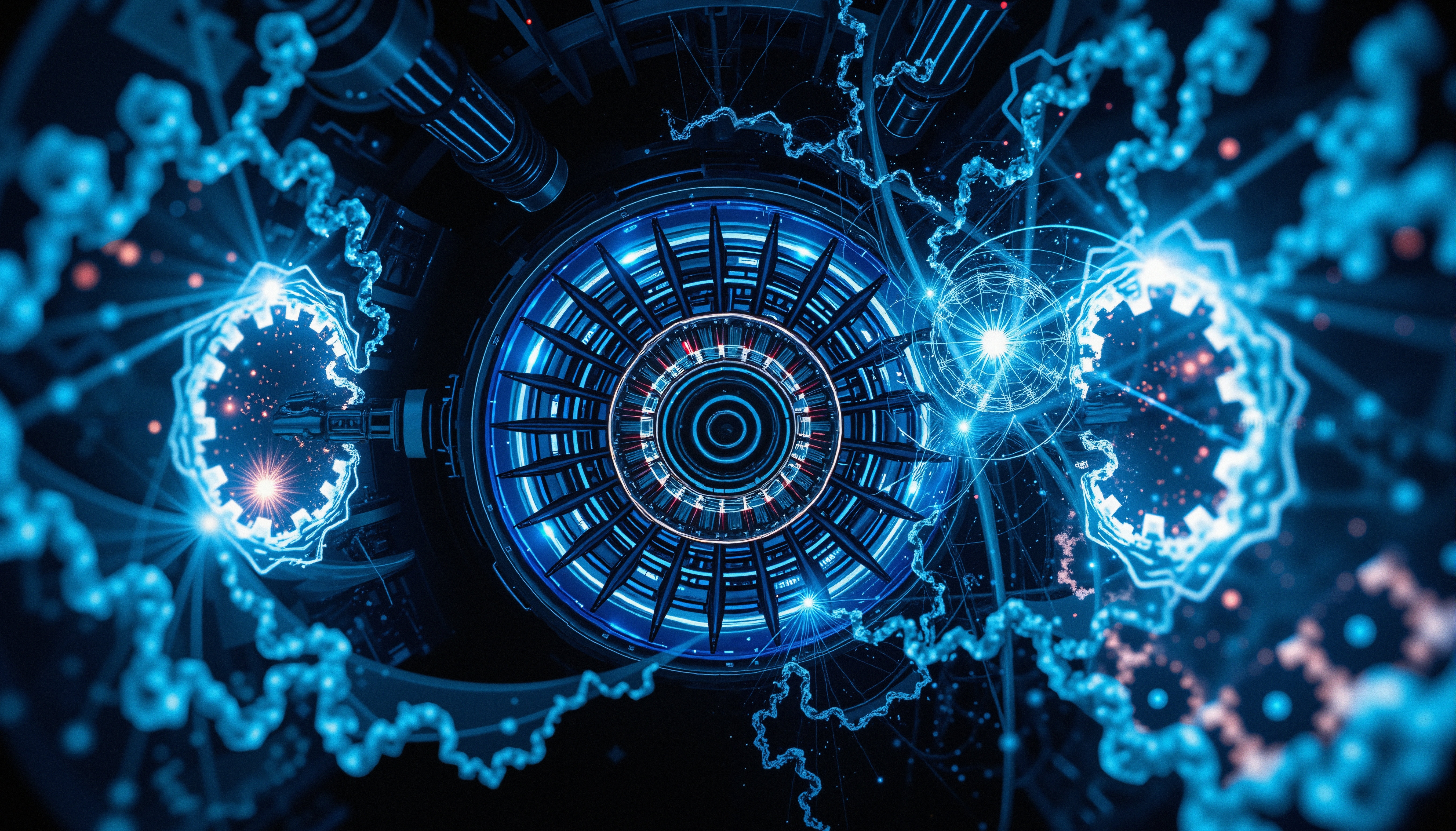 Futuristic Tech Interface with Neon Blue Circuits and Glowing Elements