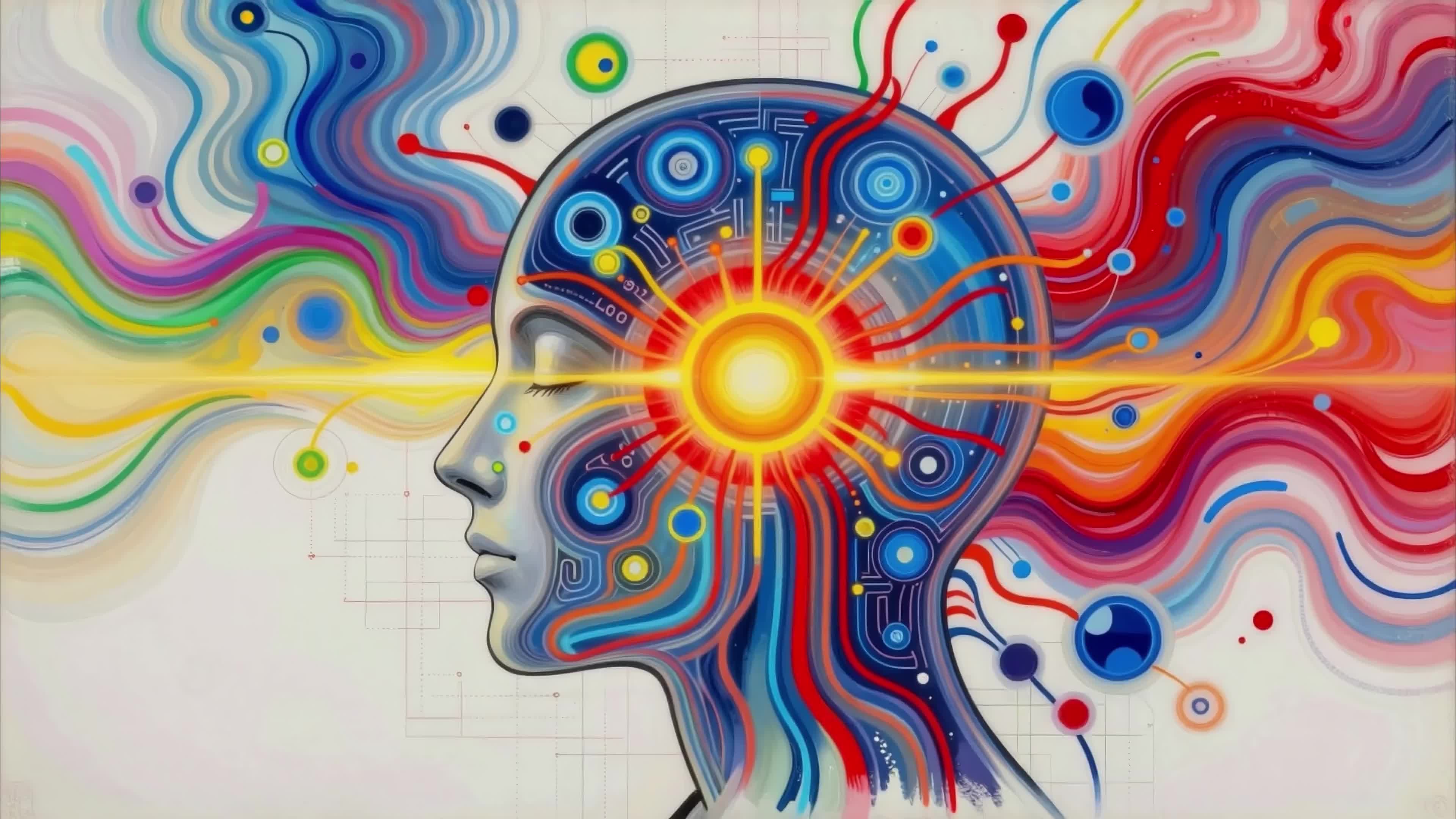 4K video of a futuristic humanoid head exploding with vibrant digital energy against cosmic backdrop