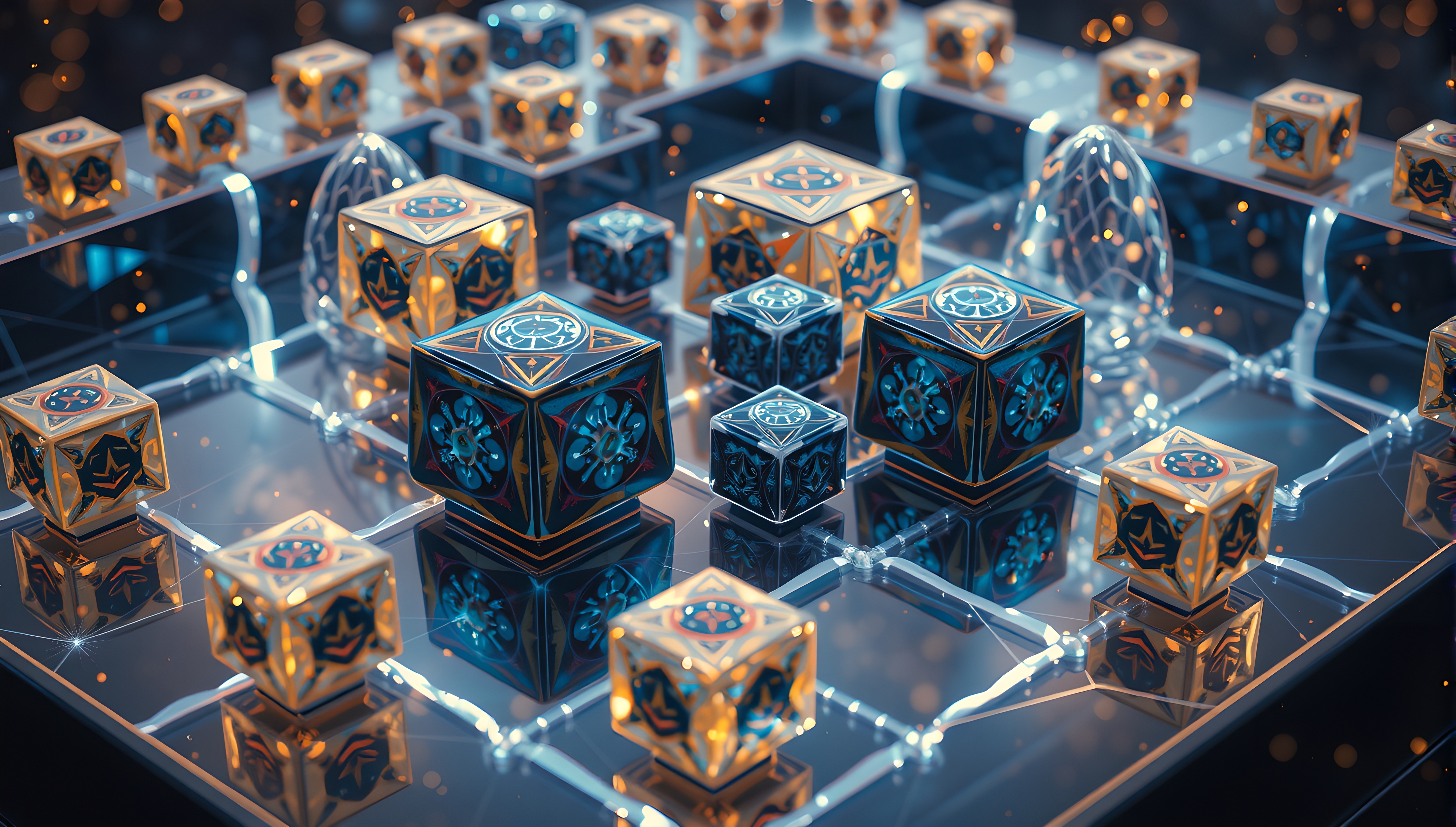Ornate Futuristic Cubes with Illuminated Patterns on Reflective Surface