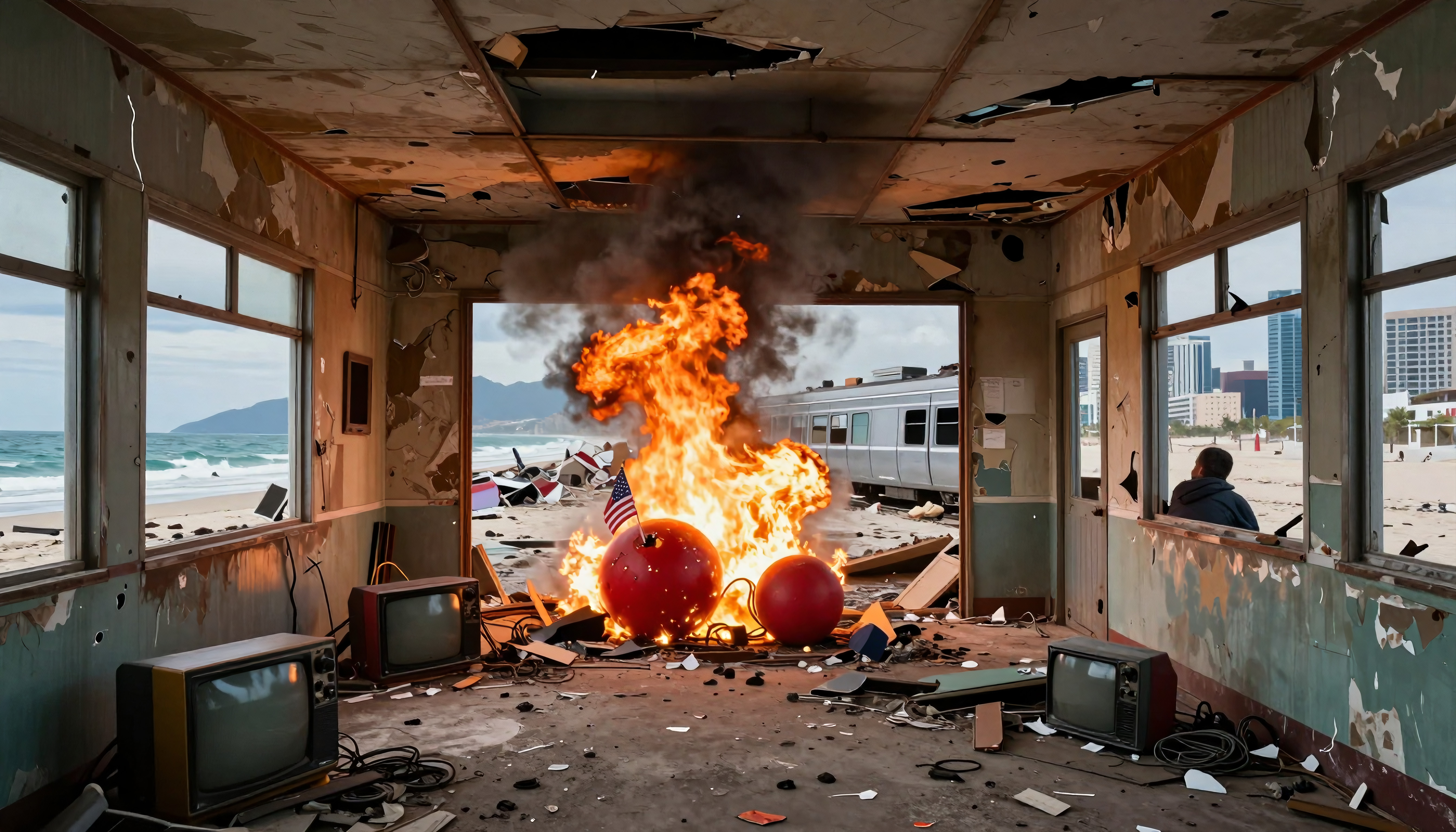 Dramatic Scene of Fire and Destruction in an Abandoned Structure by the Ocean