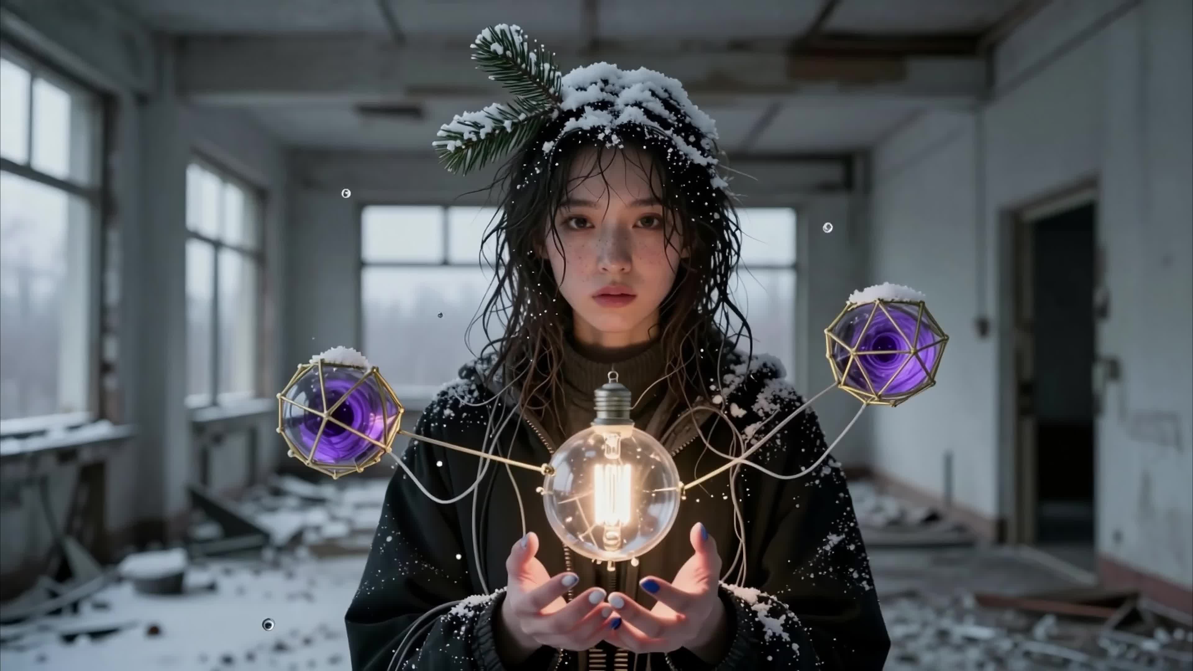 Enchanted Winter Girl Holding Magical Glowing Bulbs Amidst Abandoned Snowy Warehouse, 4K video.