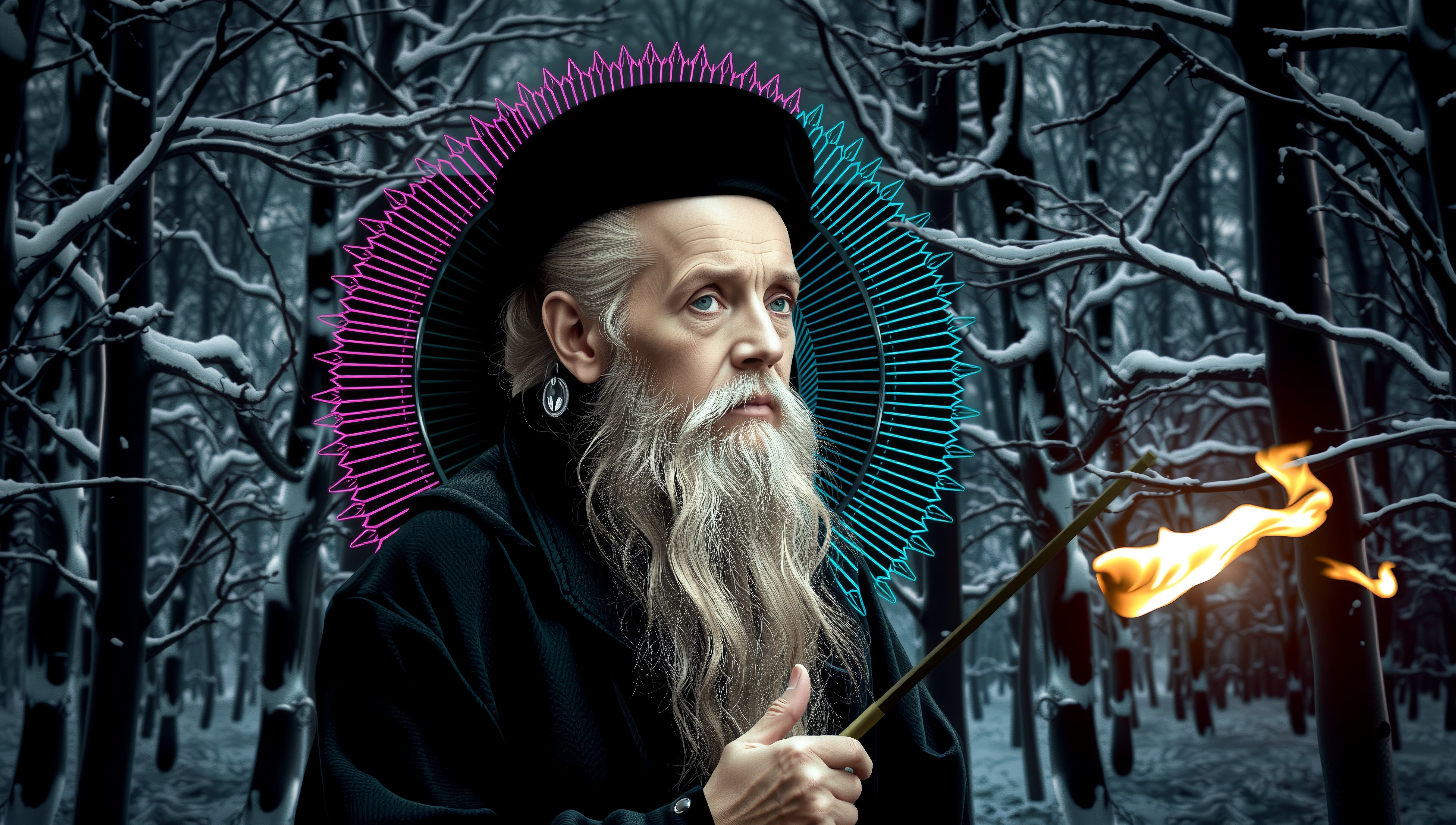 Neon Halo Elderly Man with Torch in Snowy Winter Forest