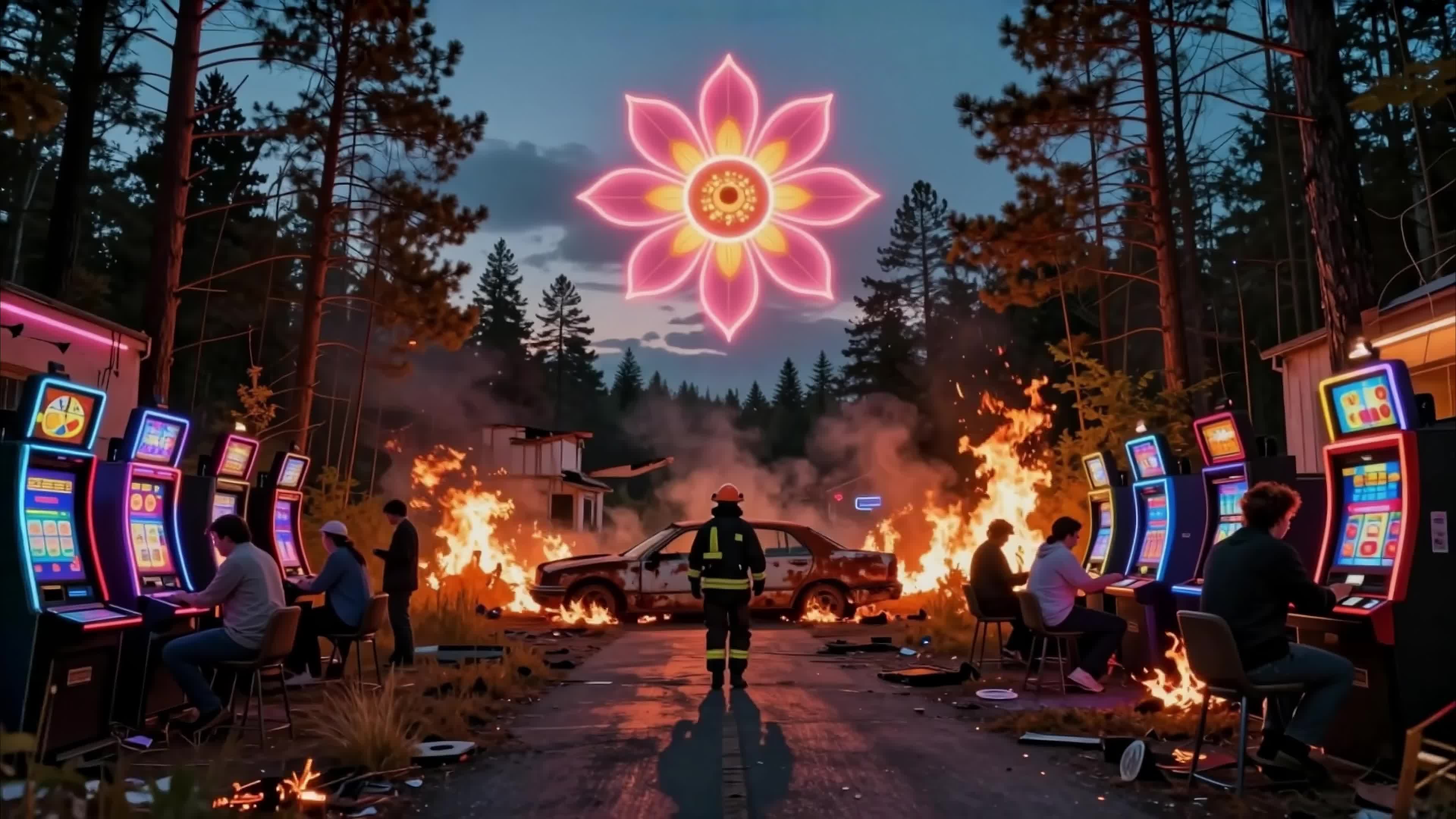 4K video of a glowing neon flower over burning arcades amid fiery apocalypse scene.