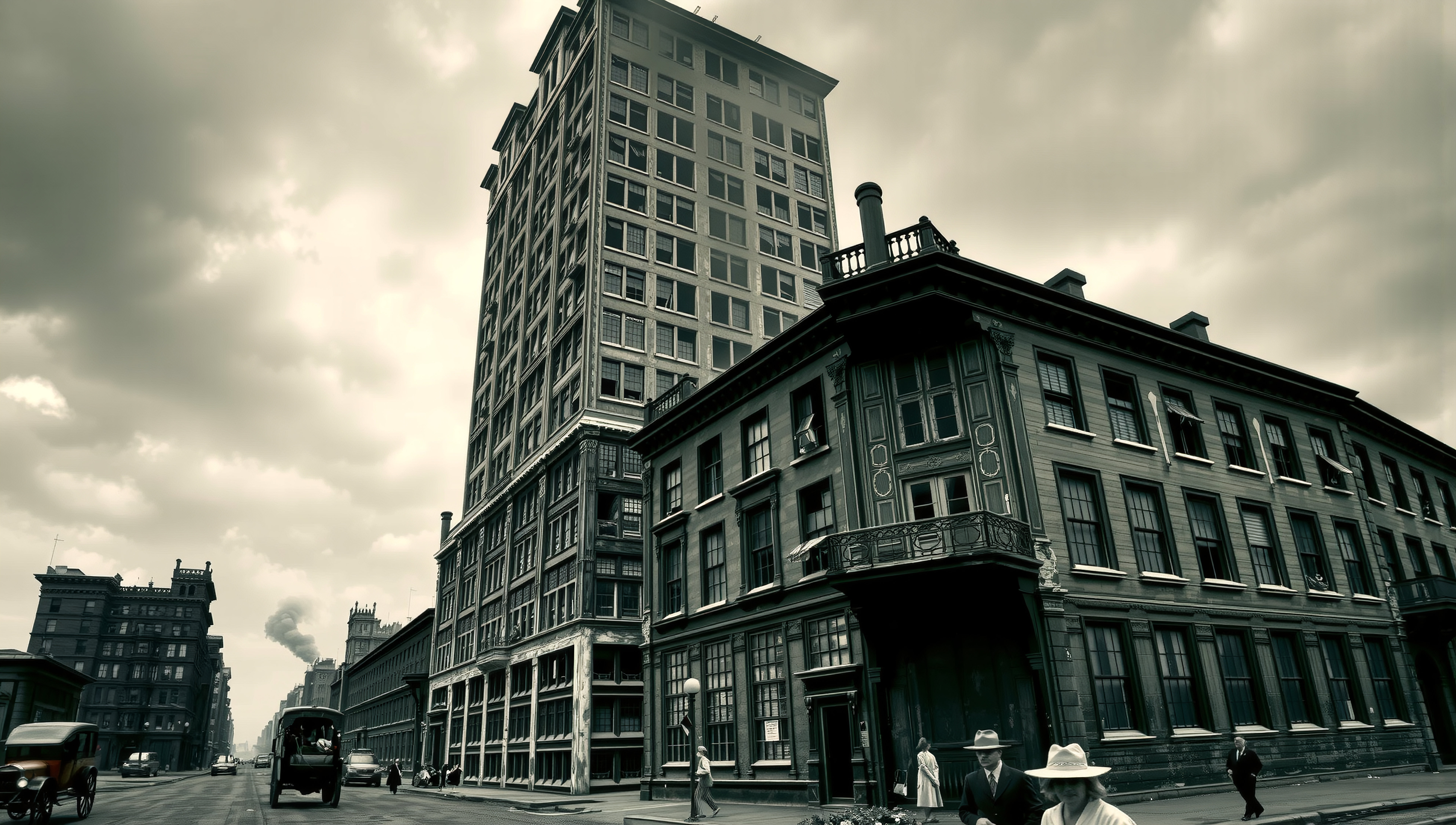 Vintage Urban Street with Historic Architecture and Horse-Drawn Carriage