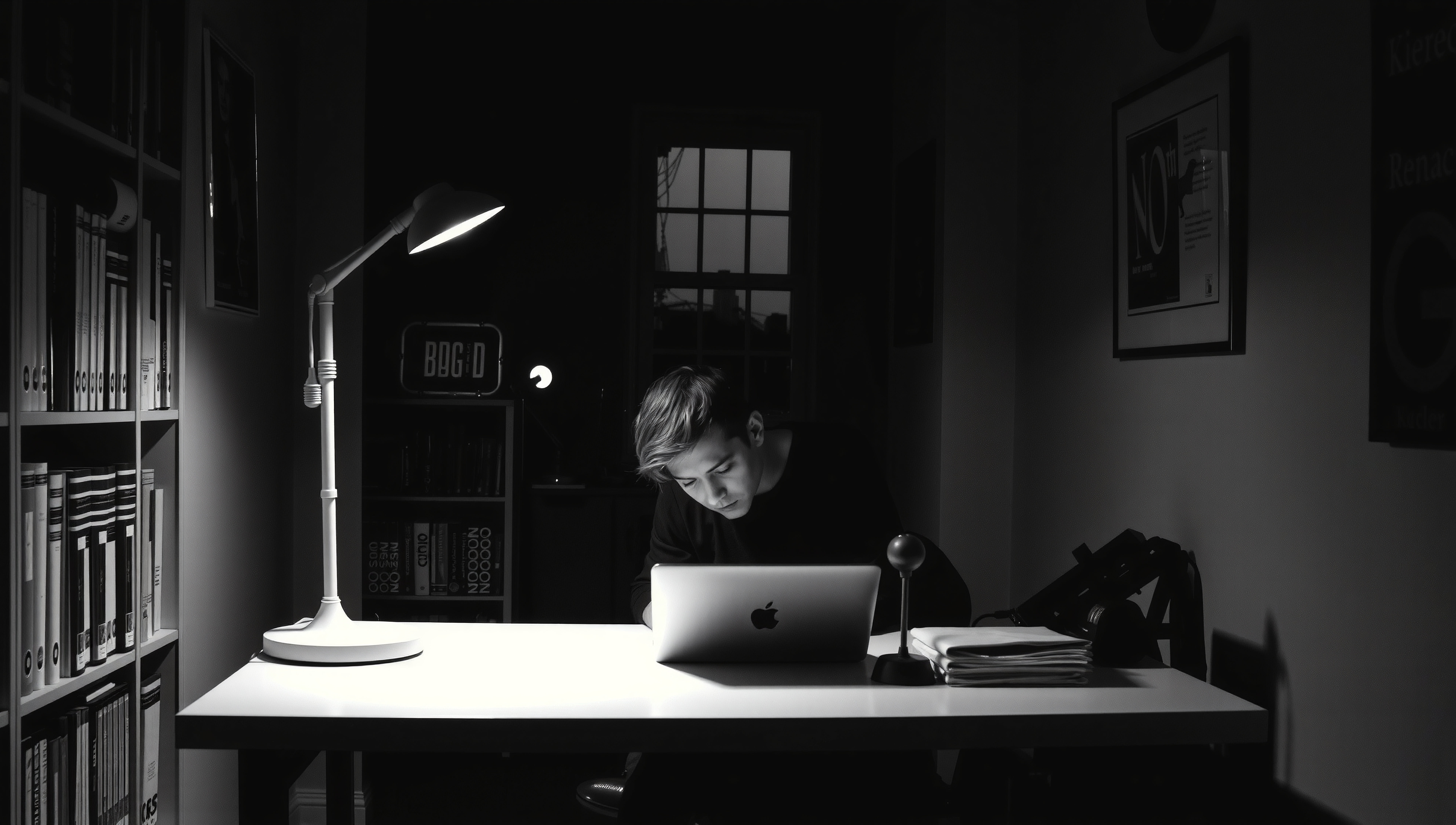 Nighttime Study Workspace with Laptop and Bookshelf