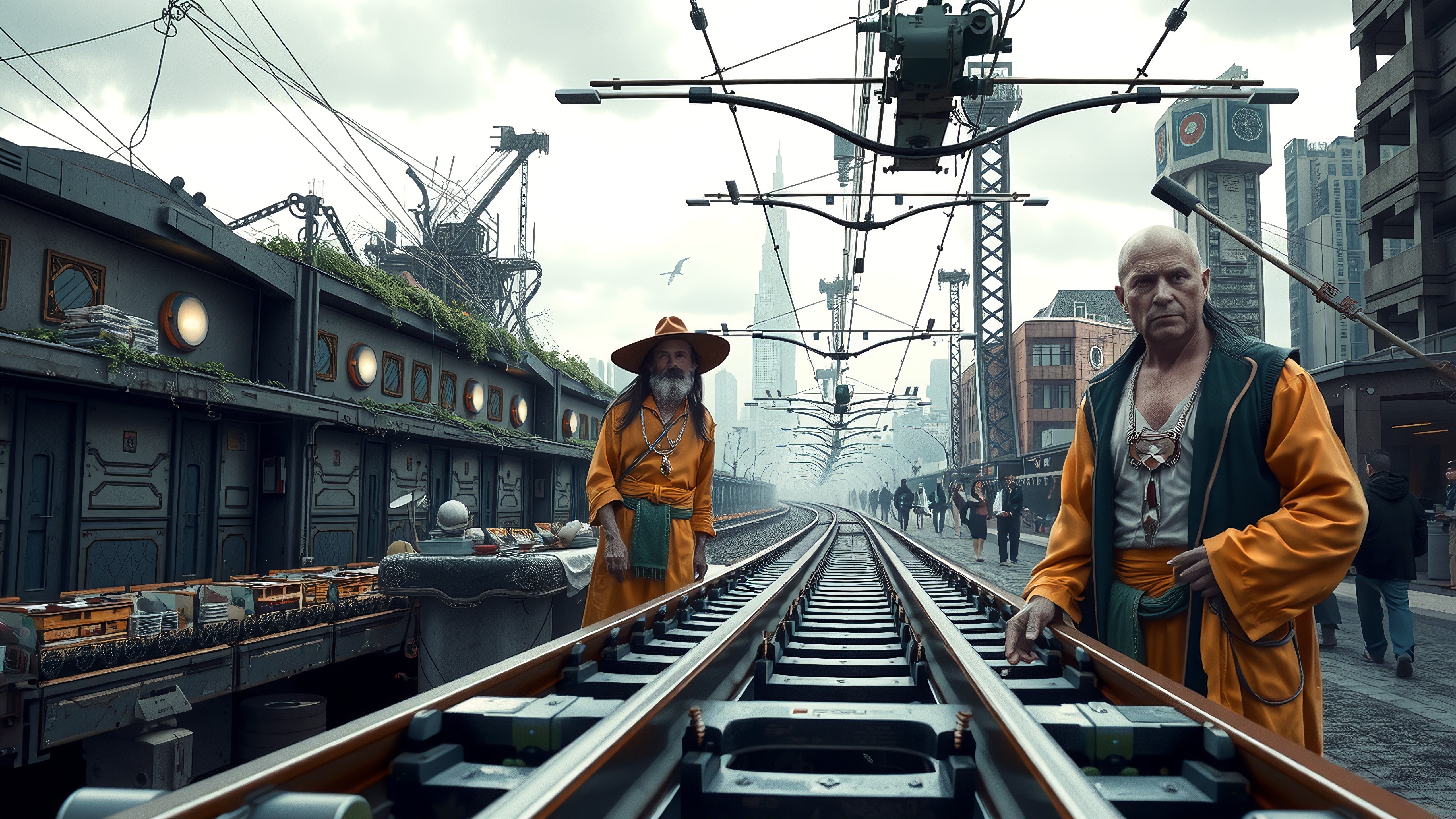 Futuristic Urban Railway Scene with Monastic Figures