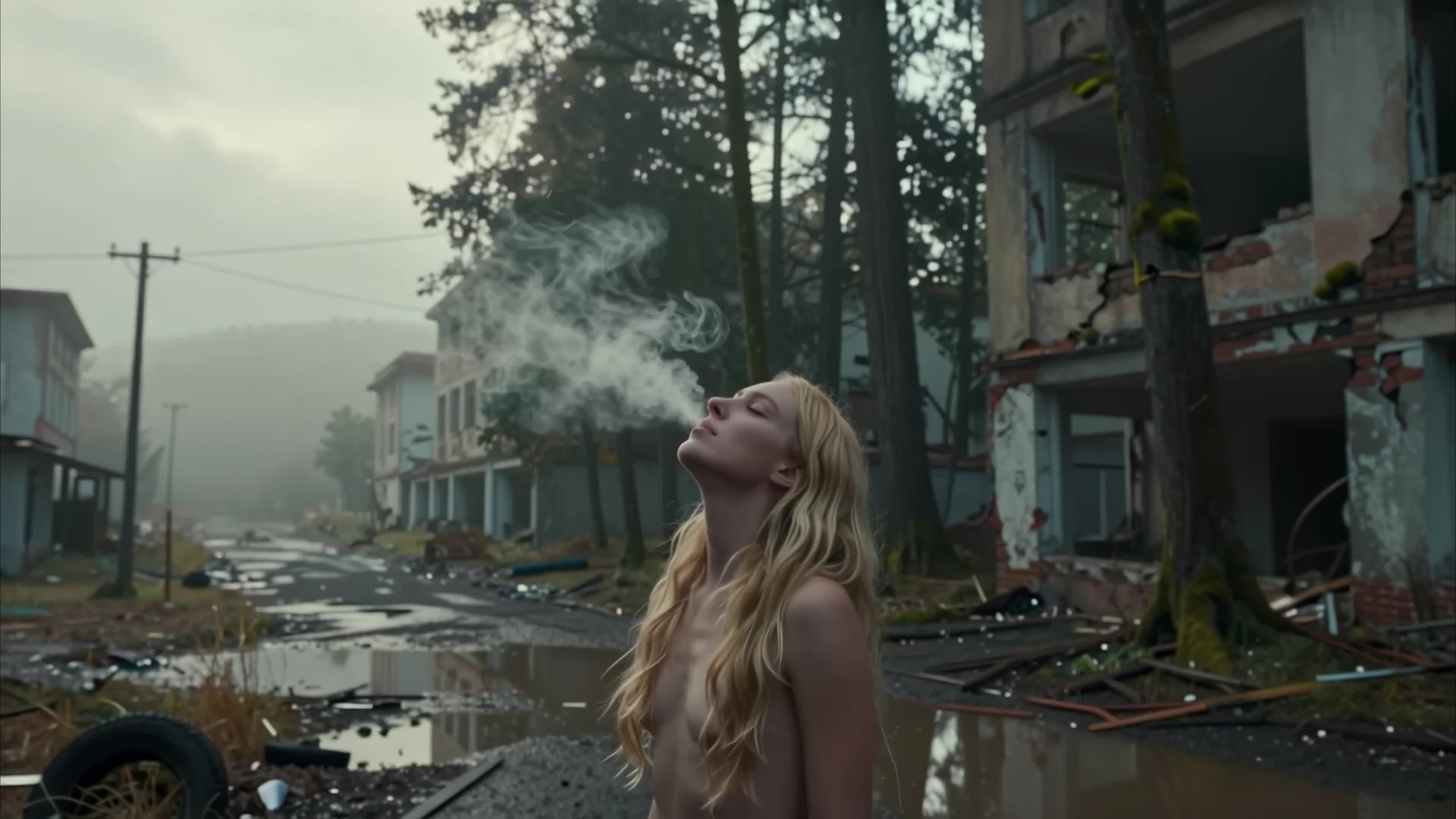 4K video of a barefoot woman amidst ruins exhaling smoke under gloomy sky surrounded by collapsed homes and muddy waters.