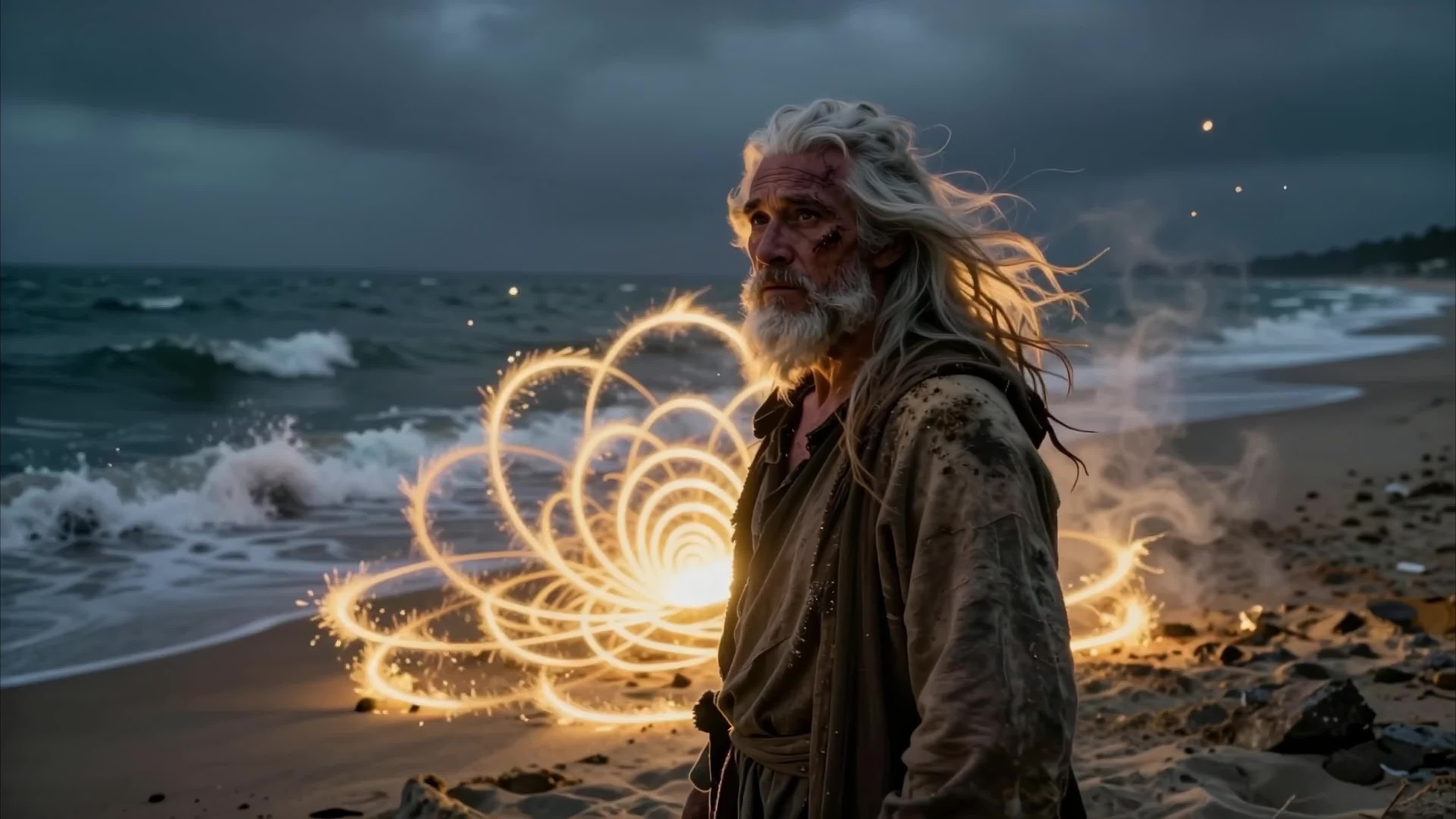 Elder wizard conjures mystical spiral energy amid turbulent ocean shore during twilight storm, 4K video.