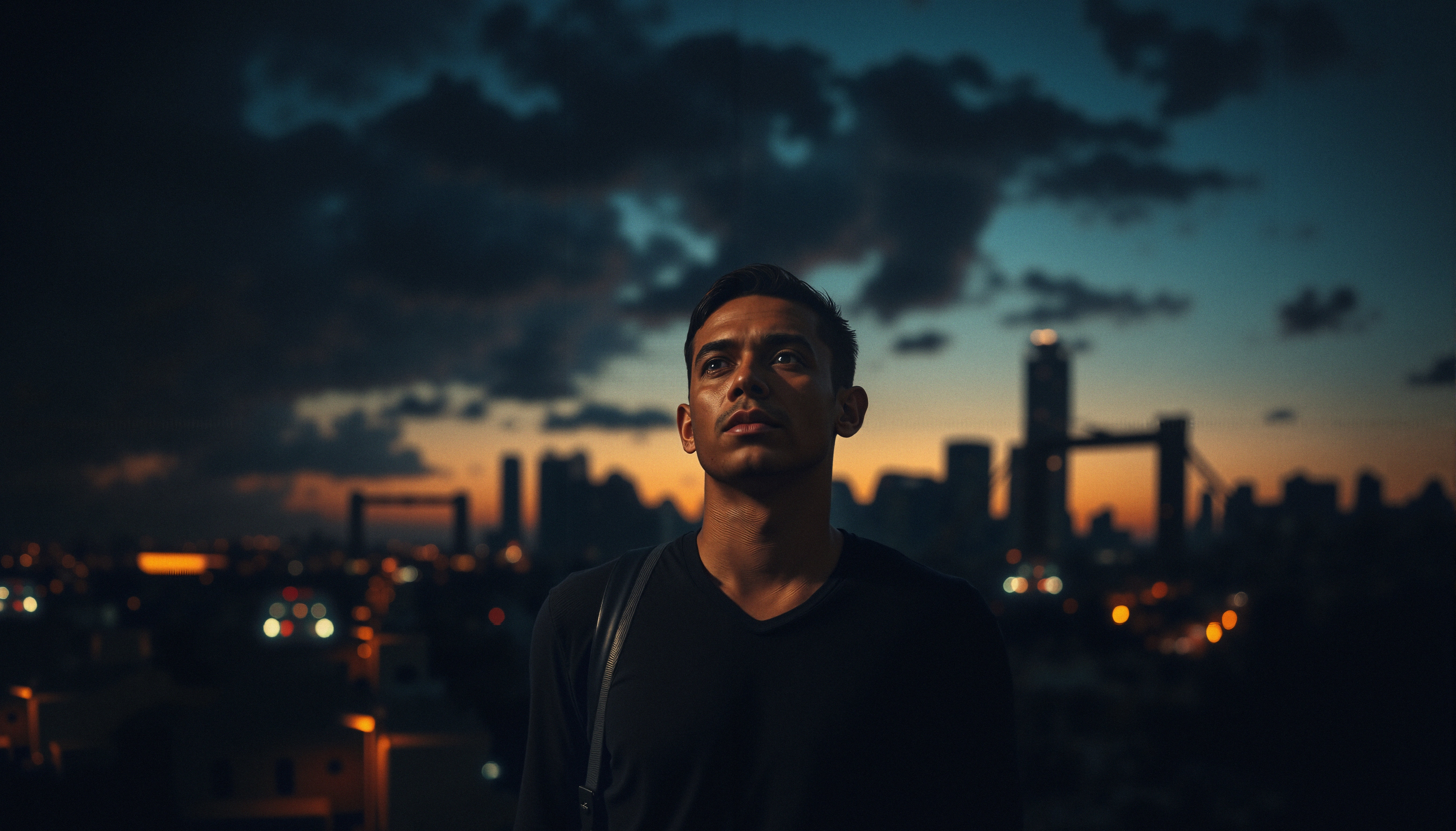 Contemplative Man Against Urban Twilight Skyline