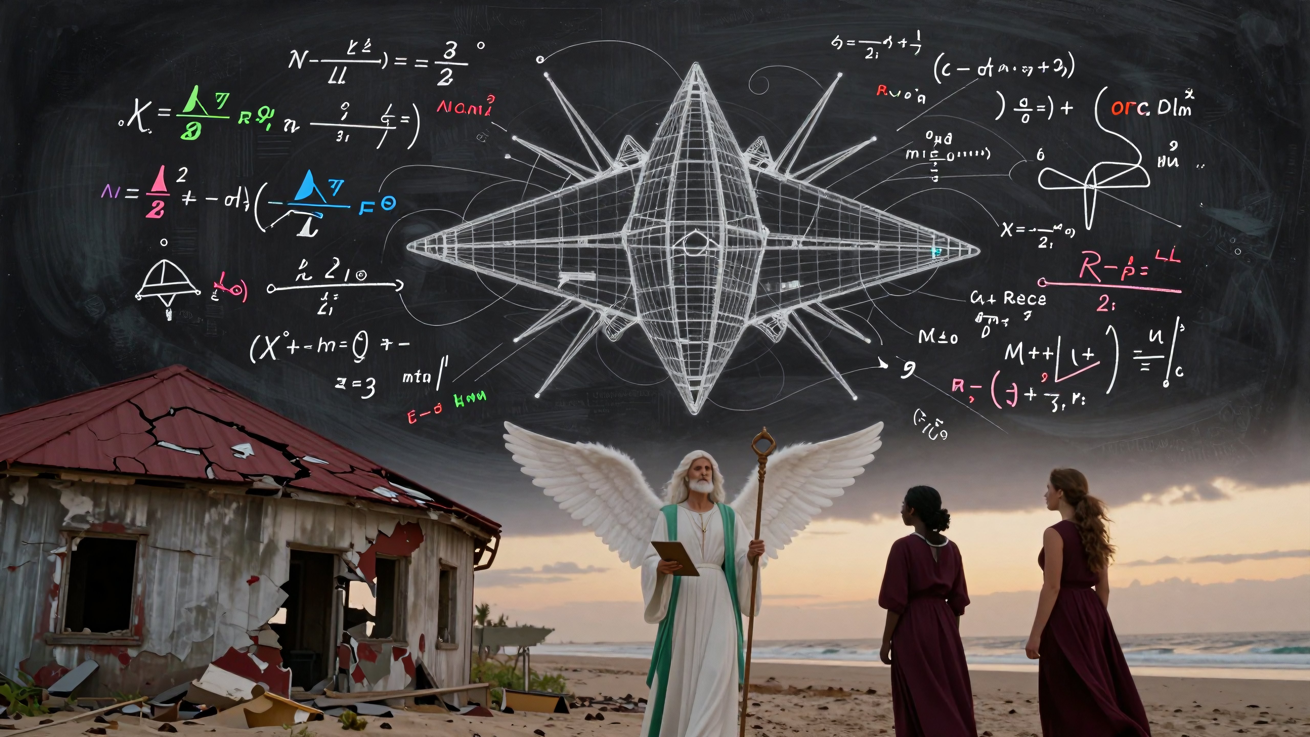 Mystical Beach Scene with Angel, Women, and Futuristic Spaceship