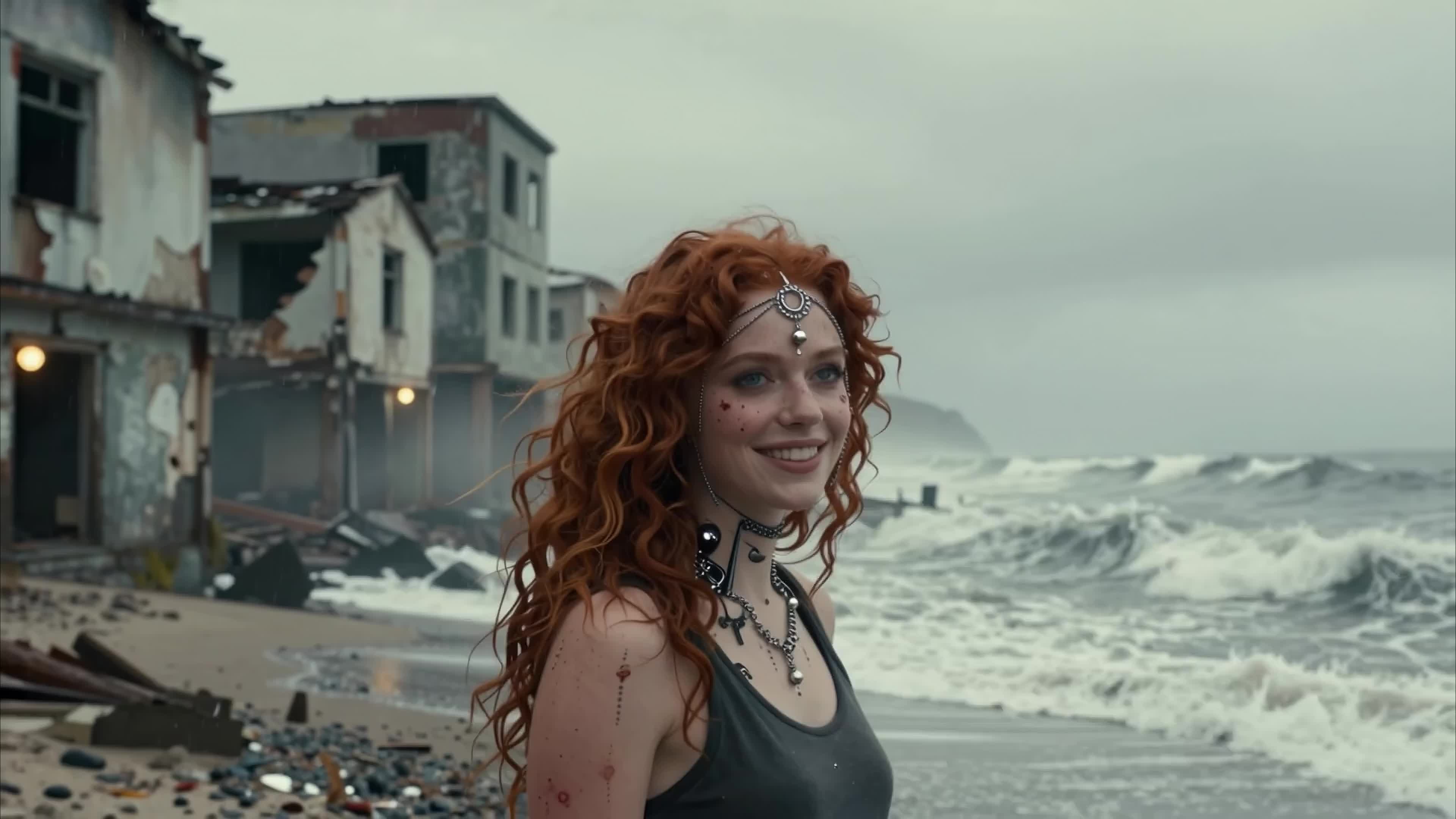 4K video of a fiery-haired woman standing amidst ruined coastal town under stormy skies with dramatic ocean waves behind her.