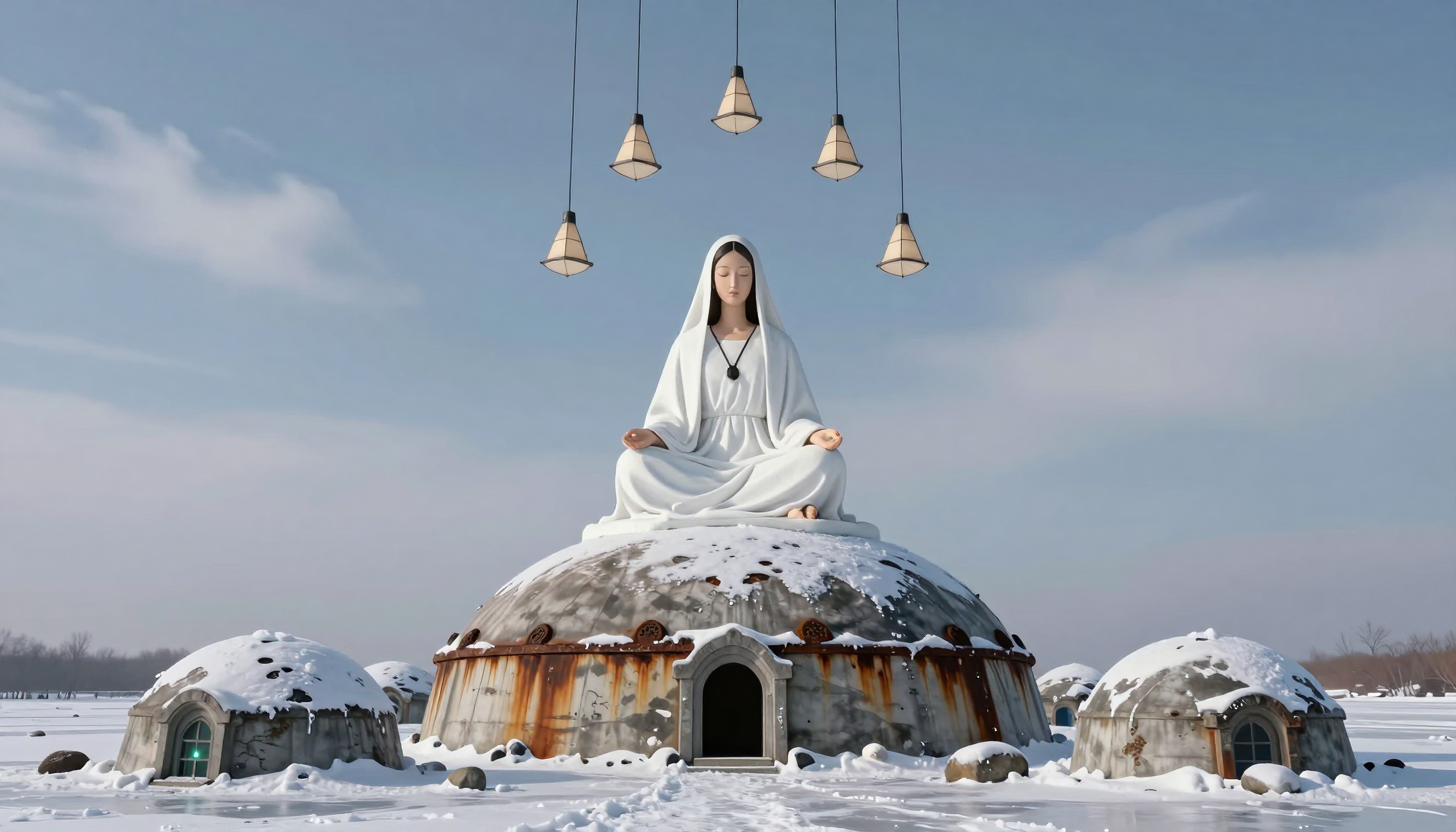 Virgin Mary Statue on Rustic Dome in Snowy Winter Landscape