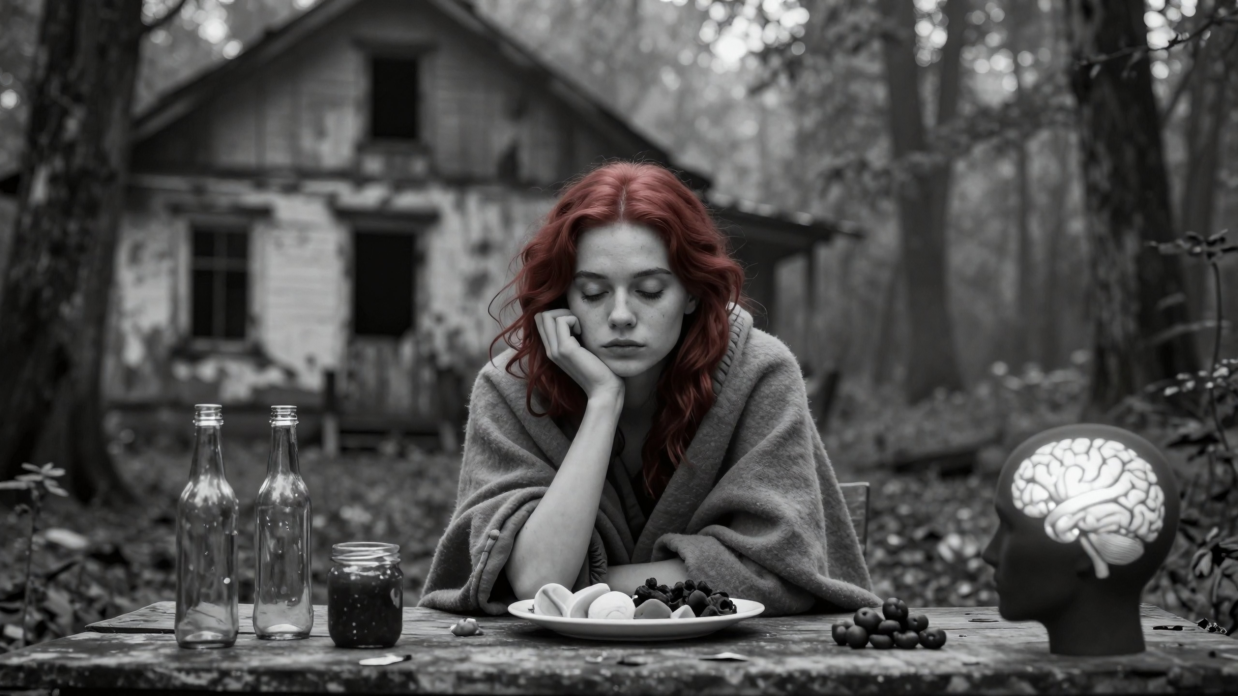 Red-Haired Woman Contemplating with Brain Model in Forest Setting
