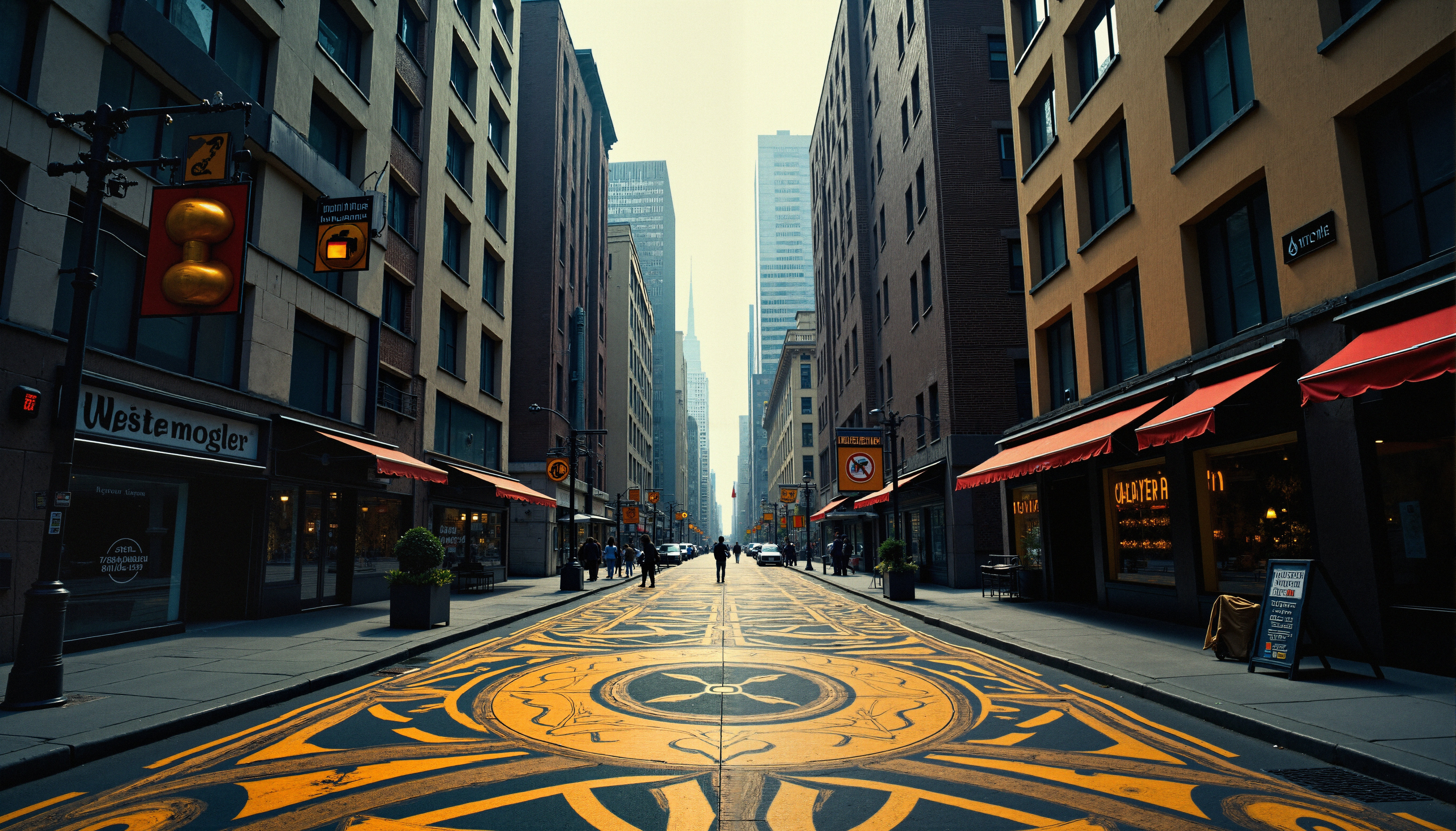 Urban Street with Intricate Yellow Road Art in City Center
