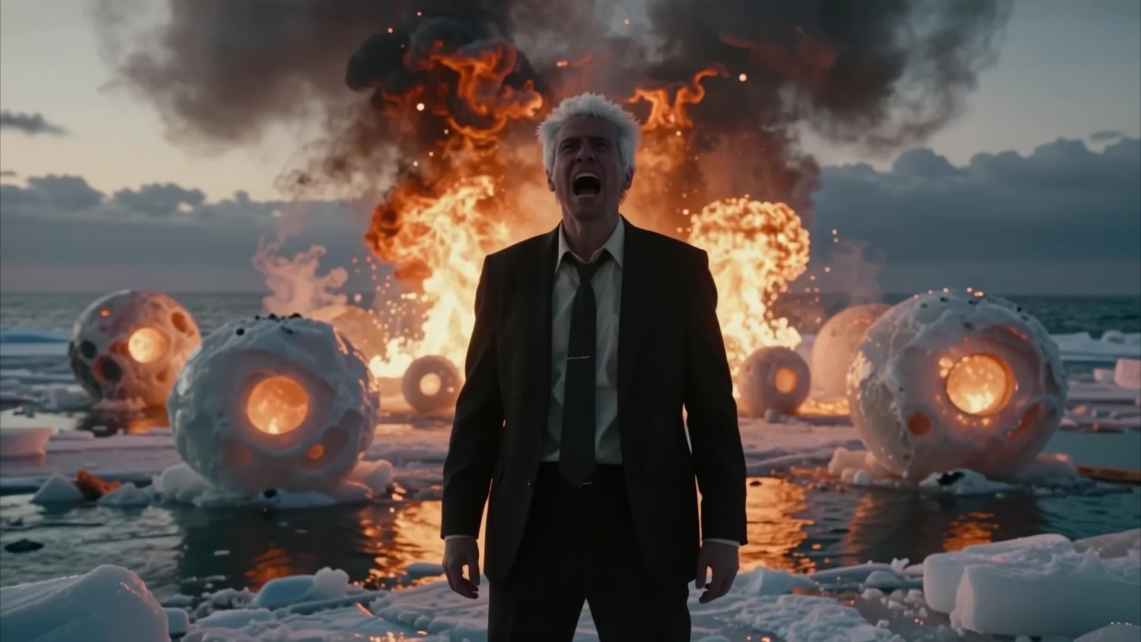 Man standing bravely amid exploding ice balls on frozen ocean during fiery apocalyptic 4K video.