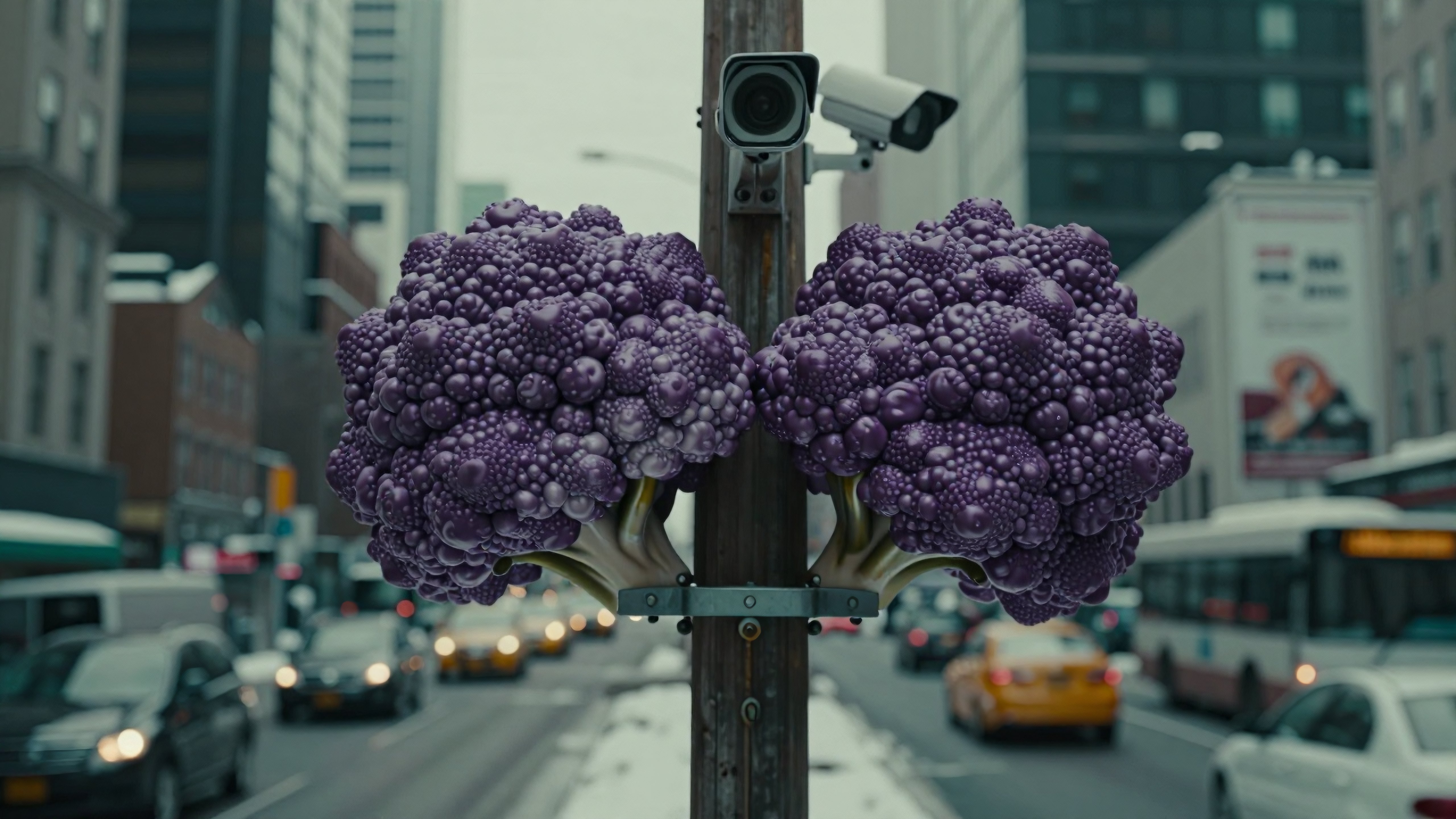 Purple Cauliflower Heads Mounted on City Street Pole