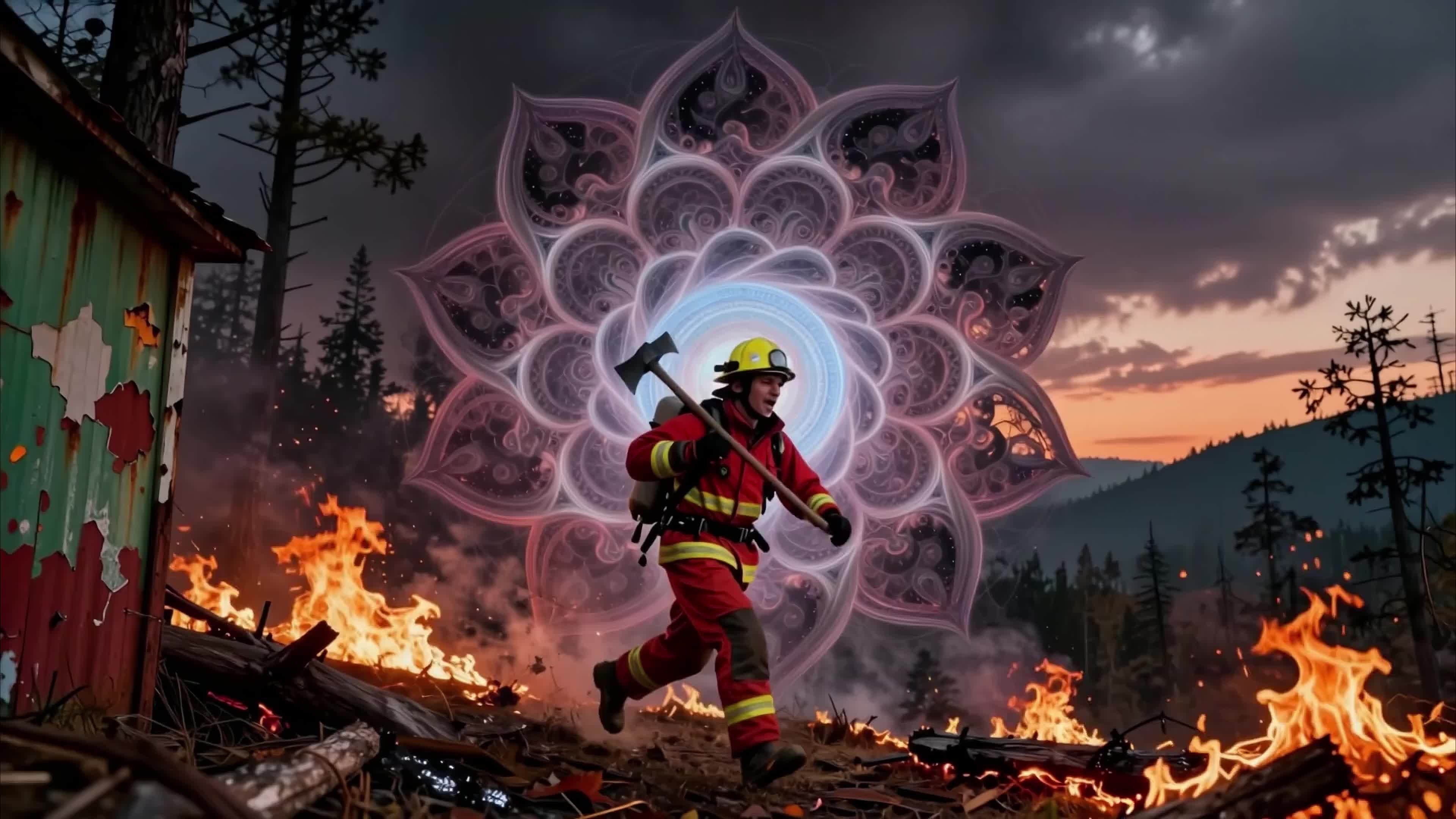4K video of a brave firefighter walking through blazing wilderness with glowing cosmic mandala behind him.