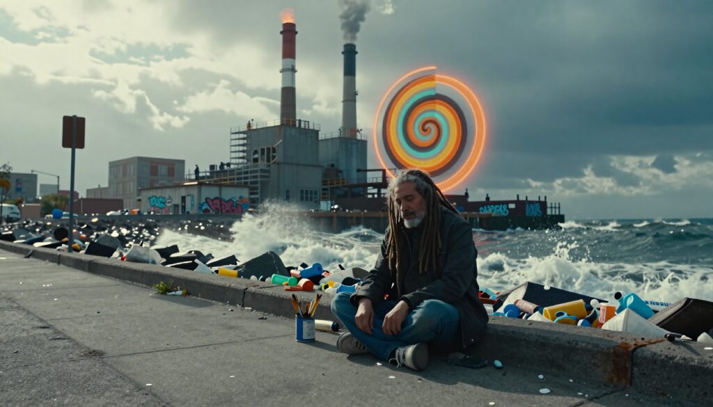 Man Sitting on Waterfront Ledge with Industrial Factory and Vibrant Spiral