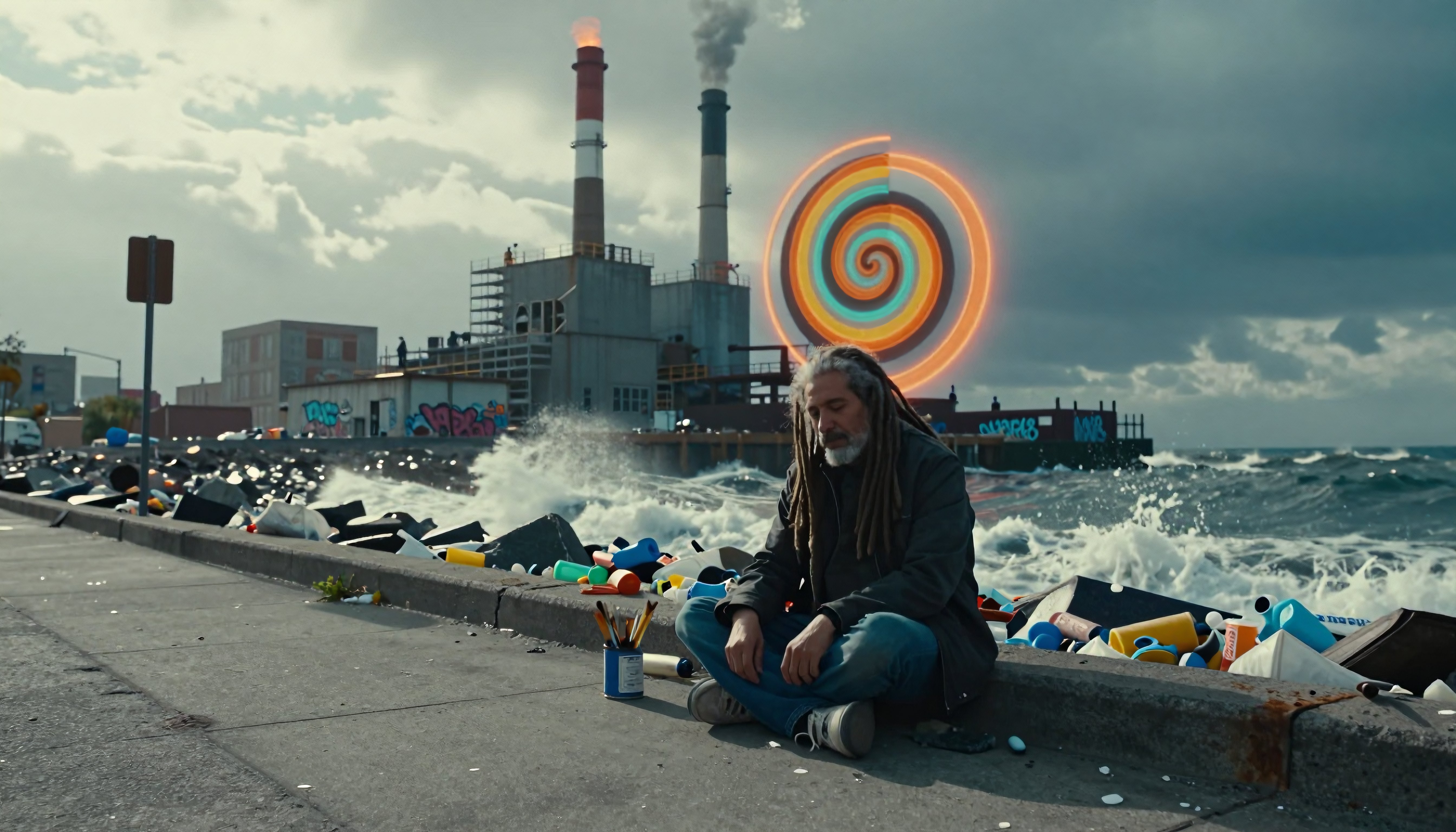 Man Sitting on Waterfront Ledge with Industrial Factory and Vibrant Spiral