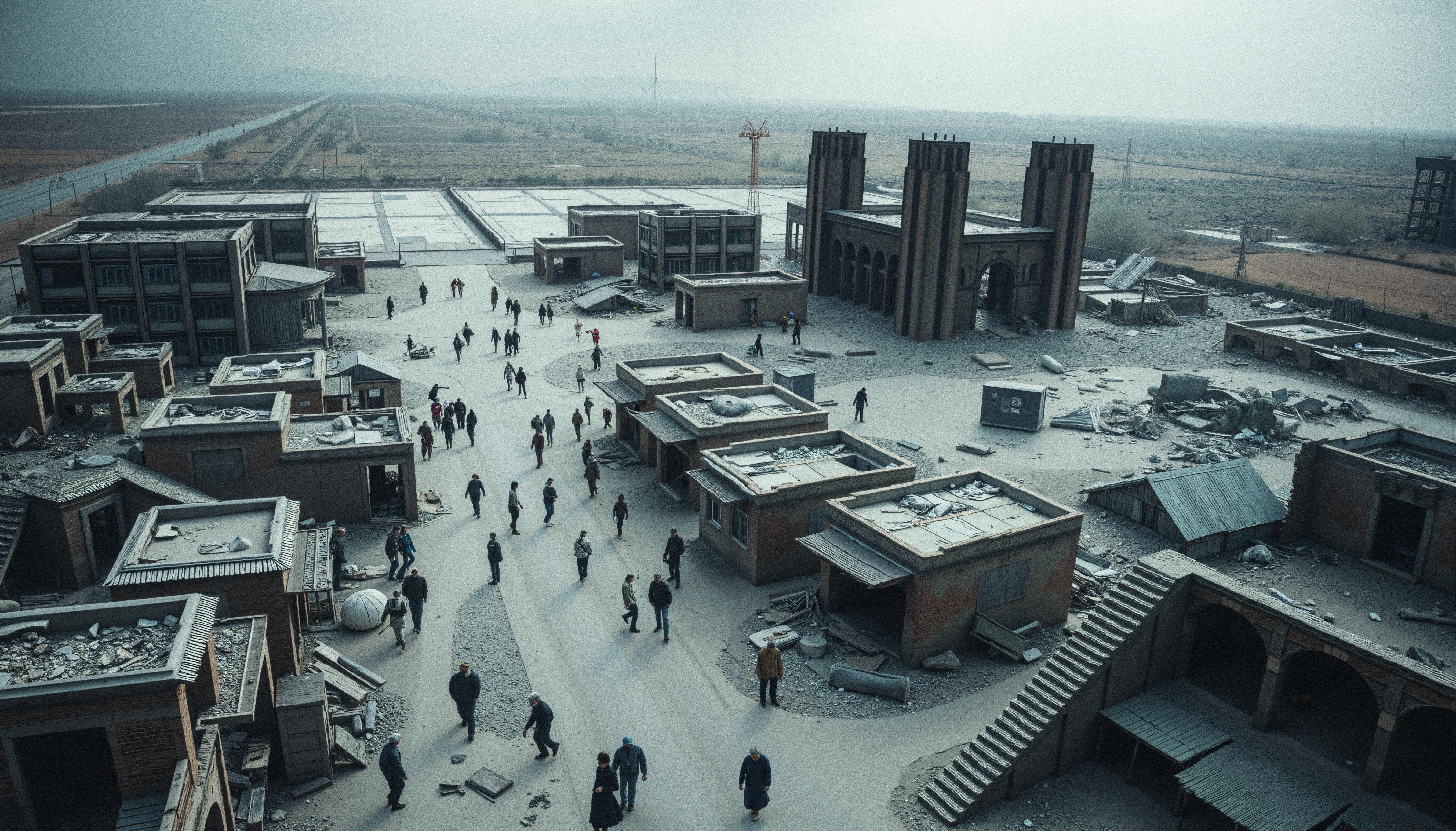 Abandoned Industrial Complex with People Walking Among Ruins