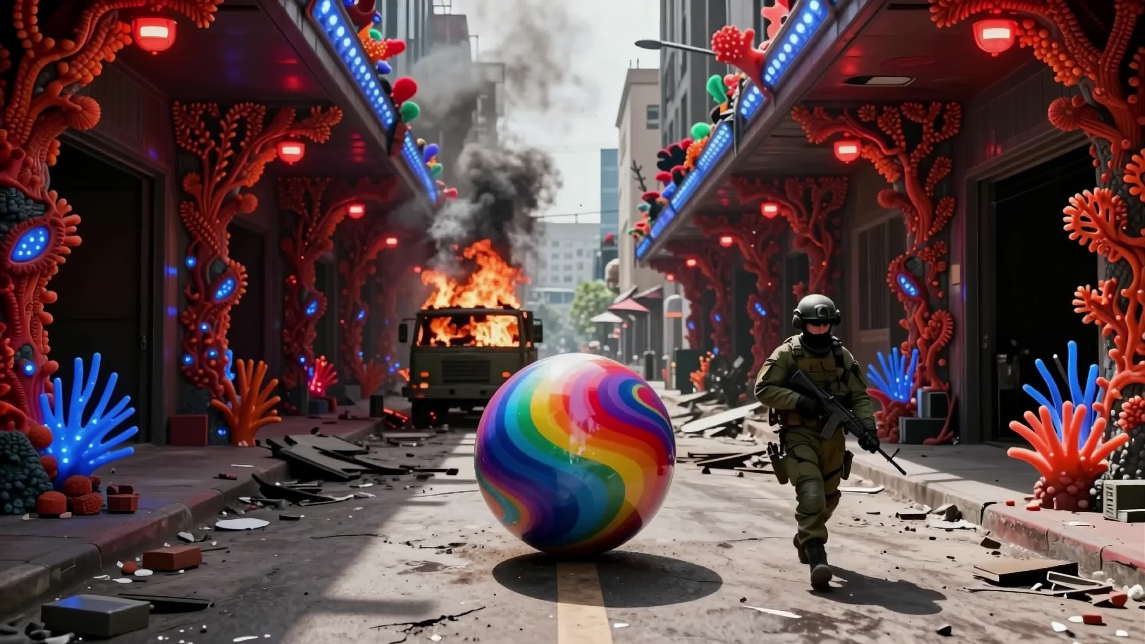 Two armed soldiers race past fiery wreck amid neon-coral cityscape chasing giant rainbow sphere, 4K video.