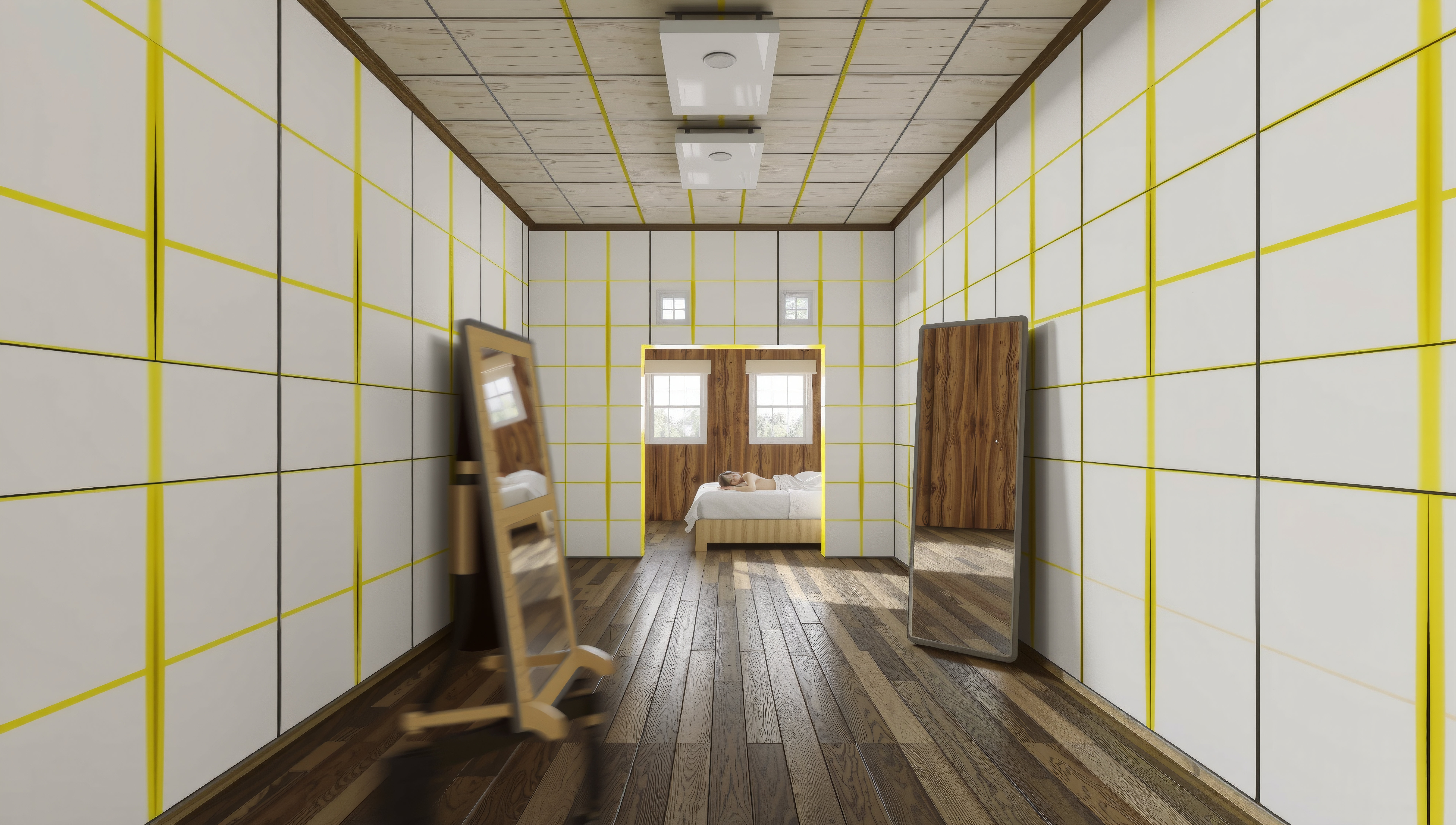 Modern Minimalist Bedroom with Yellow Grid Accents and Wooden Elements