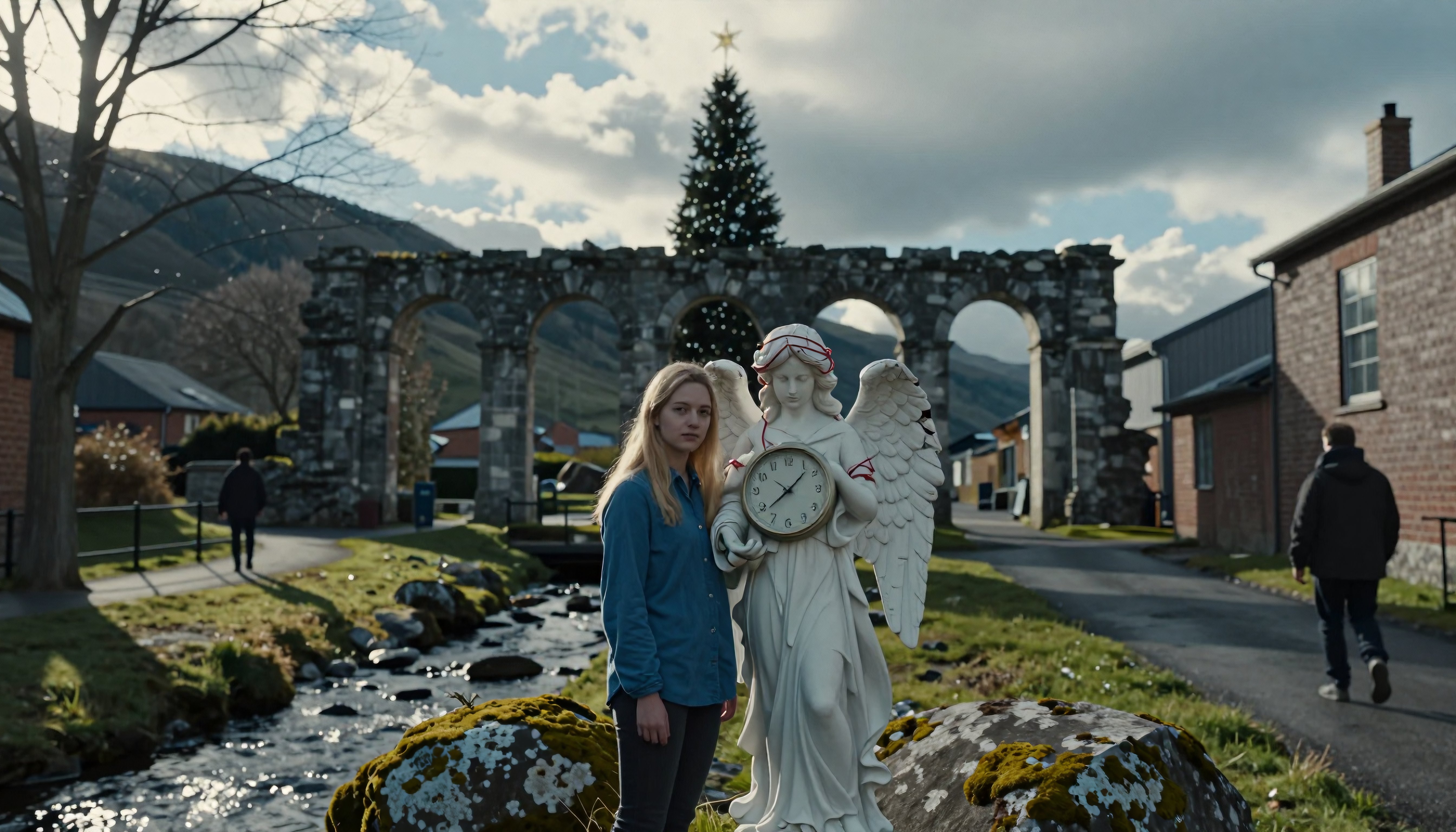 Woman beside Angel Clock Statue in Historic Village with Stone Arches and Stream