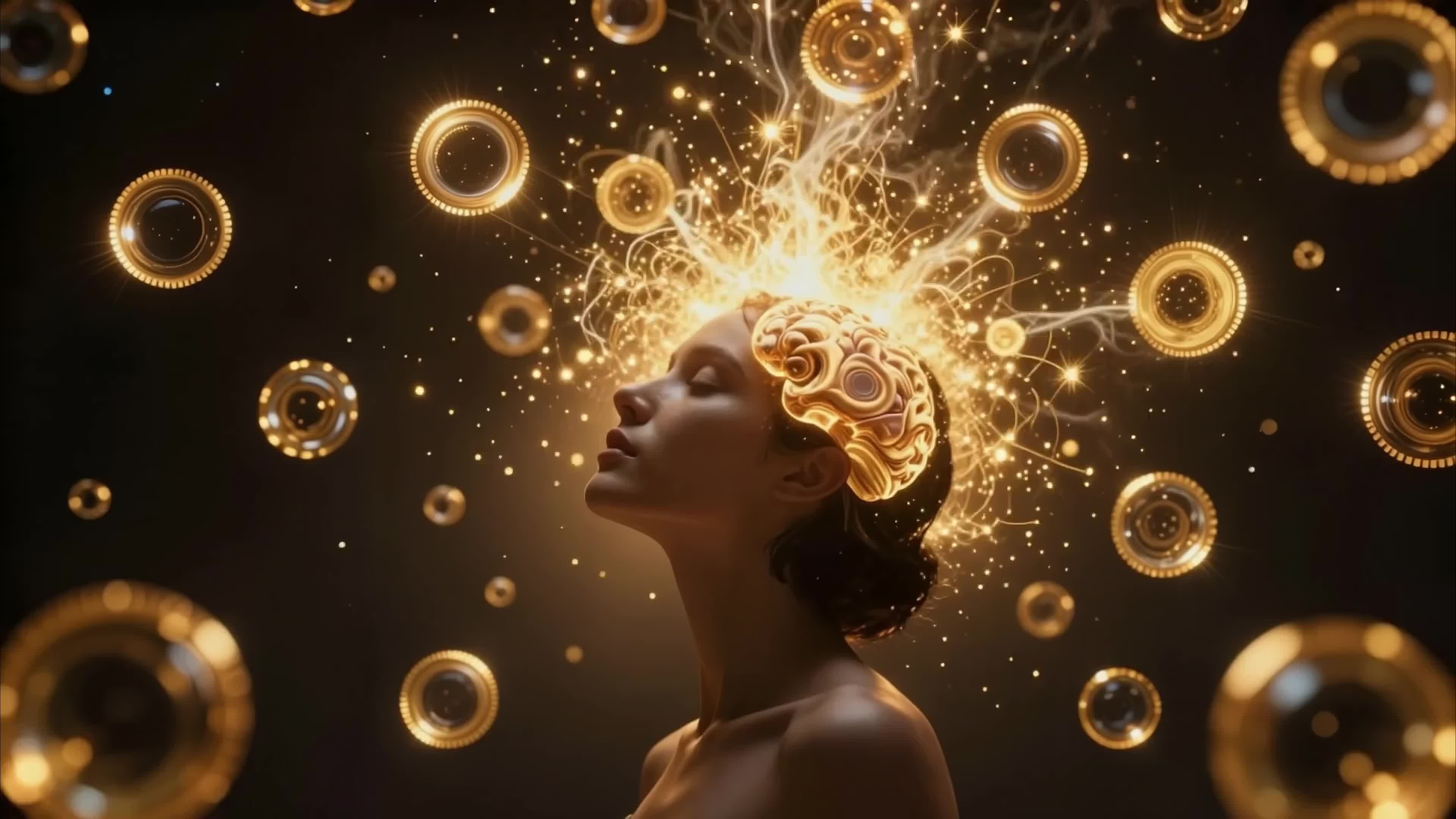 4K video of a woman with glowing brain amidst golden cosmic bubbles representing enlightenment and intellectual awakening.