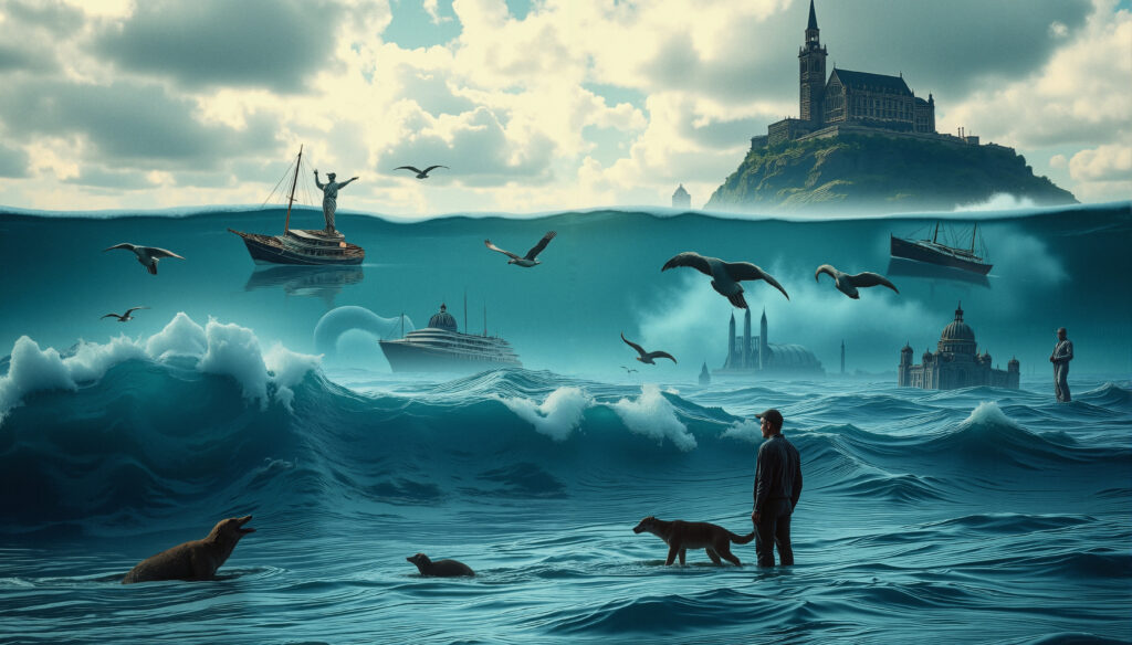 Surreal Oceanic Landscape with Submerged City and Human Figures
