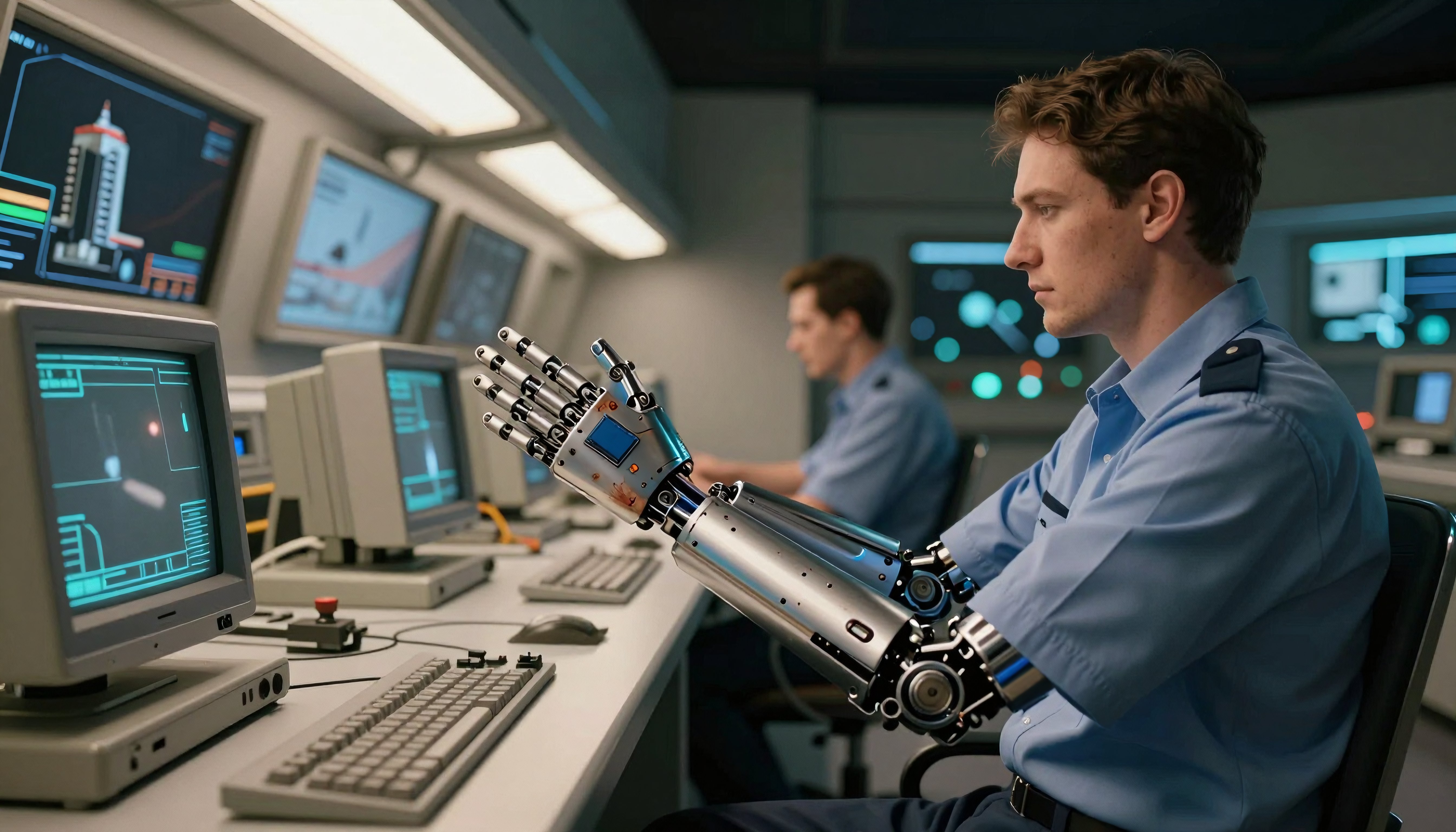 Technician with Robotic Arm Monitoring Systems in Control Room
