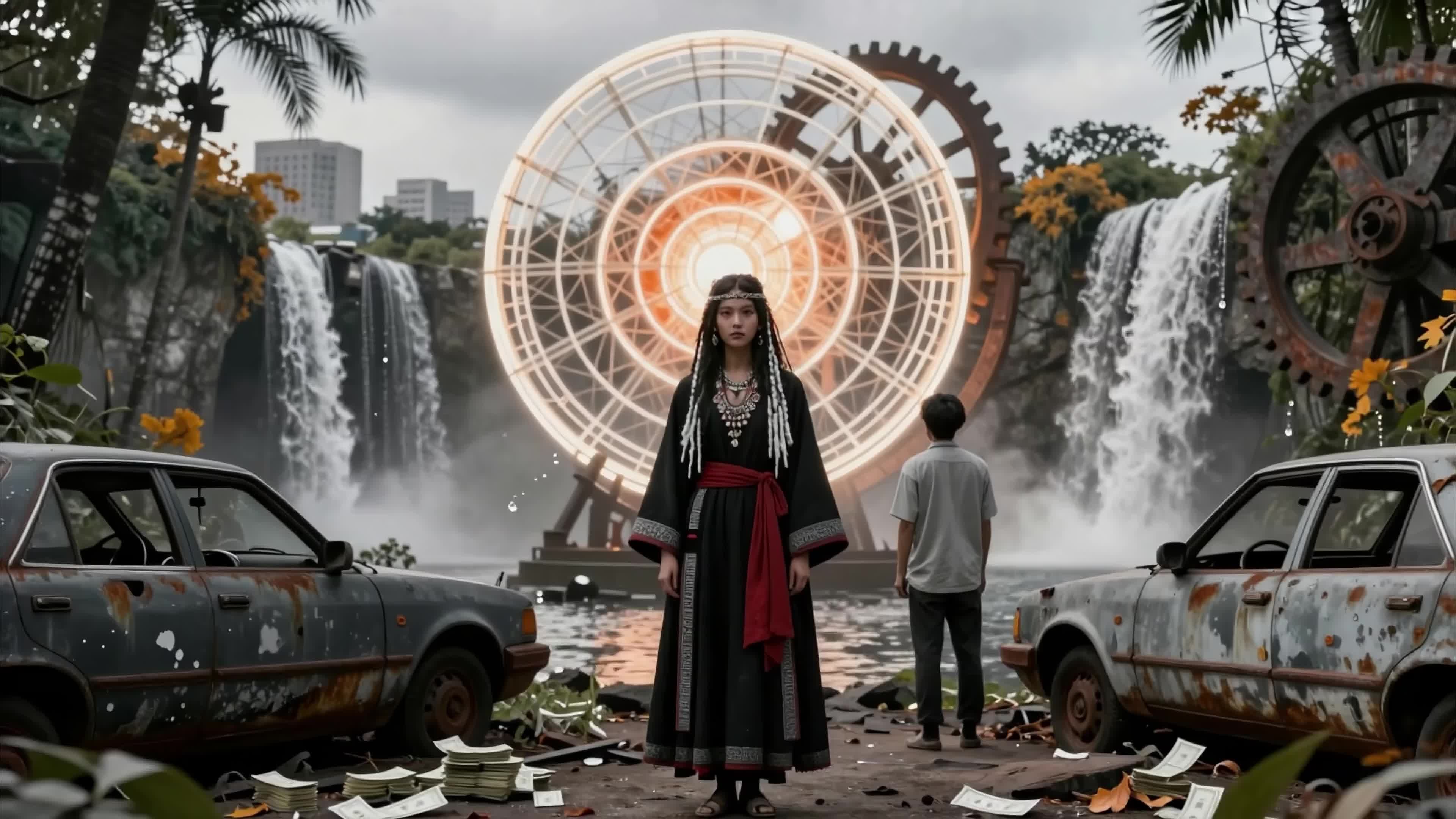 Mysterious woman standing before glowing portal amidst waterfalls and rusty cars in fantastical ruined landscape, 4K video.