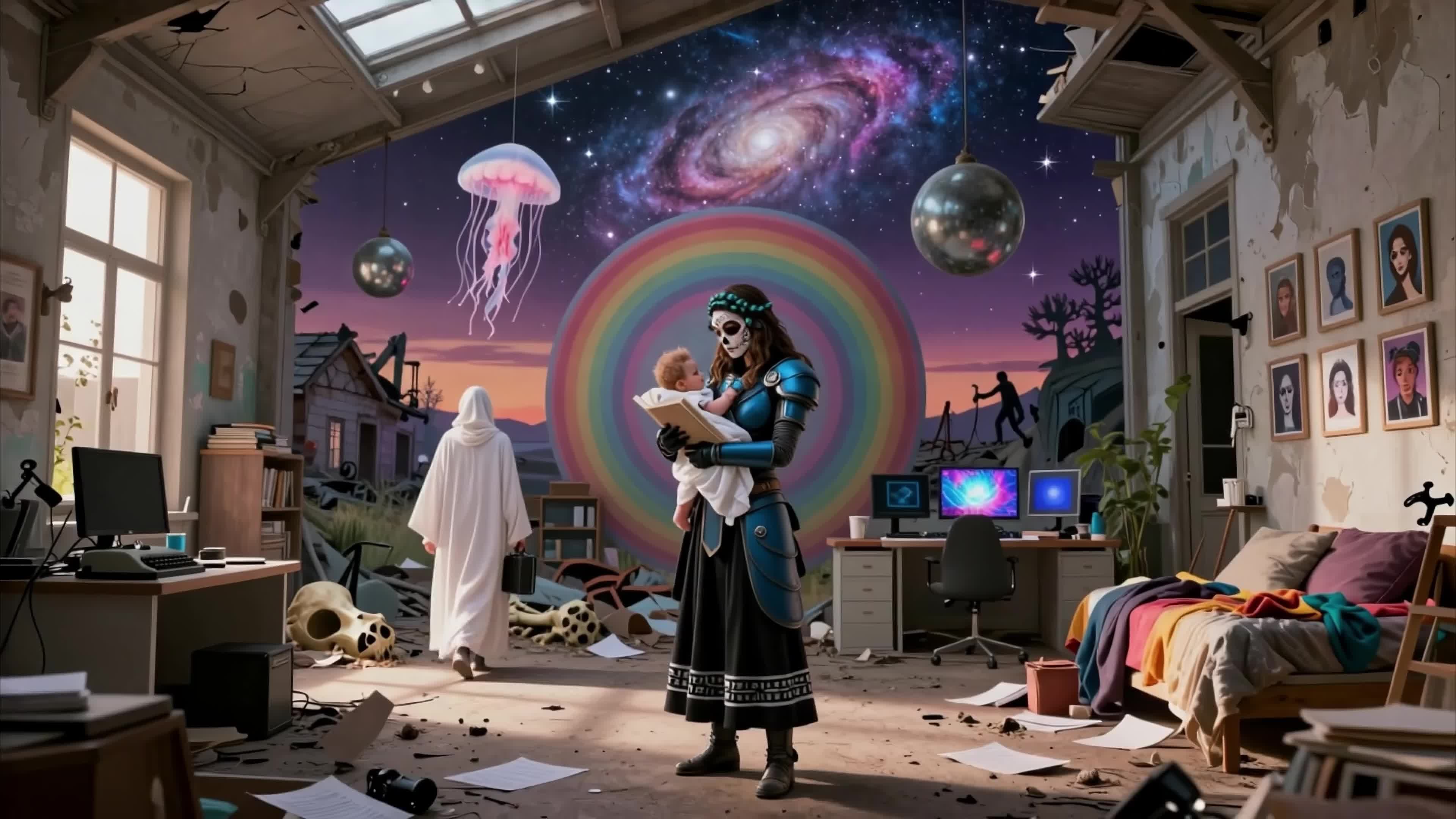 Armored maiden cradles infant amid cosmic chaos in eclectic studio setting featuring stars, jellyfish, rainbows, and retro tech under dramatic lighting, 4K video.