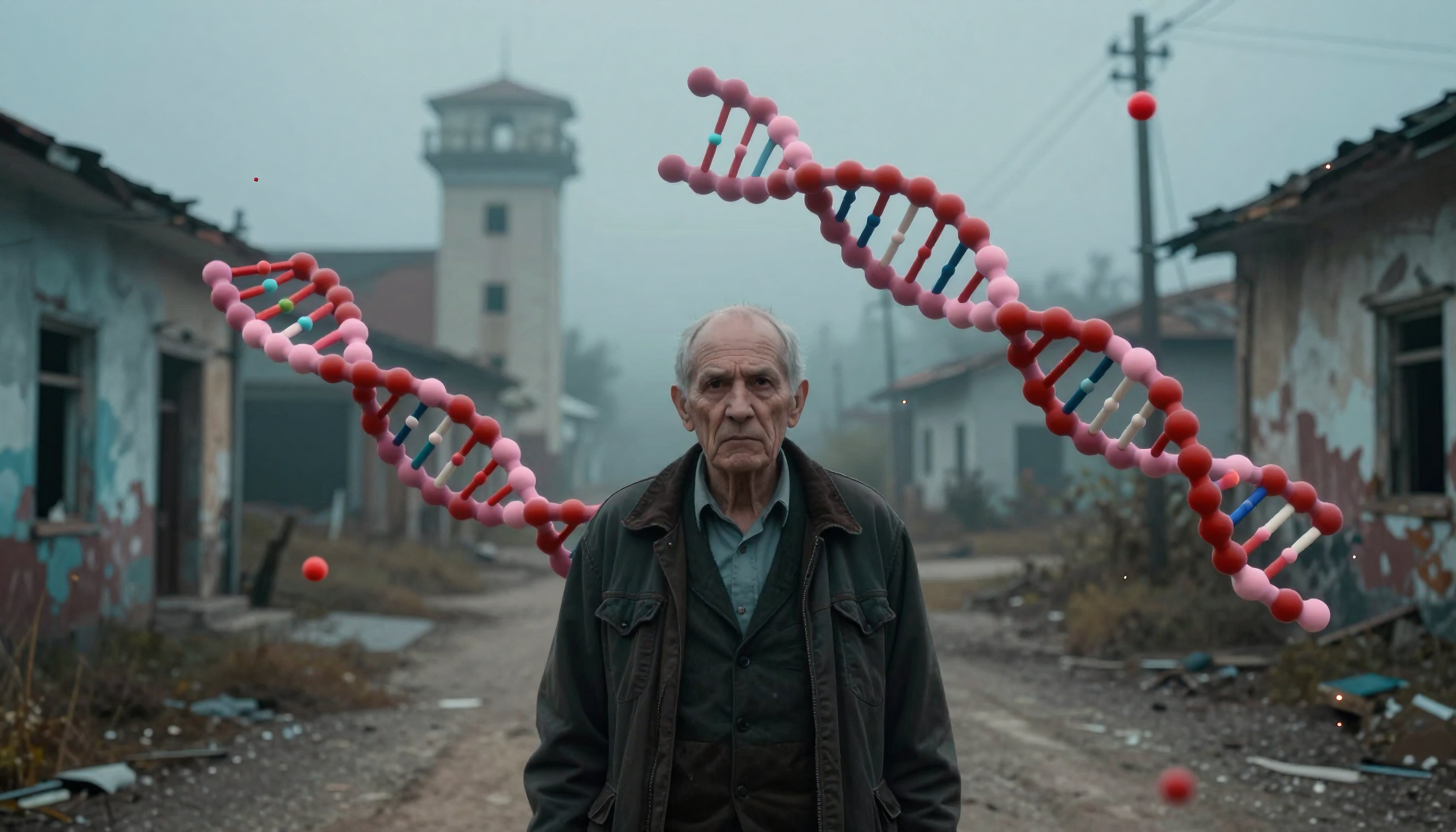 Elderly Man Amidst DNA Helix in Abandoned Village Setting
